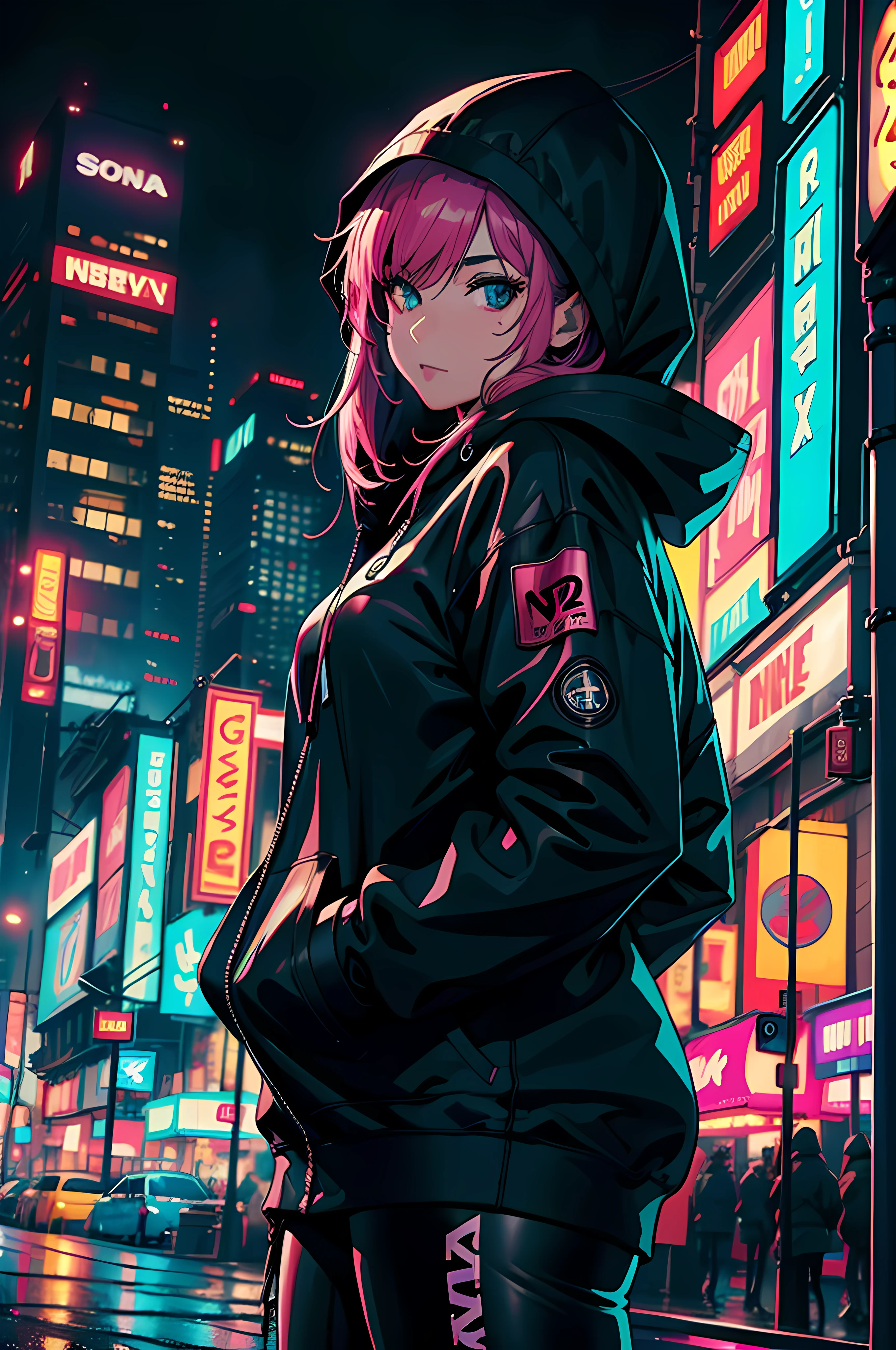 "Woman in a cyberpunk hoodie suit in a city full of neon lights, rodeado de letras. Image must be in 8k resolution, mostrando el cuerpo completo de la mujer desde una vista trasera. Capture the rainy atmosphere with a SONY Alpha A2 camera, garantizando una calidad ultradetallada y UHD."