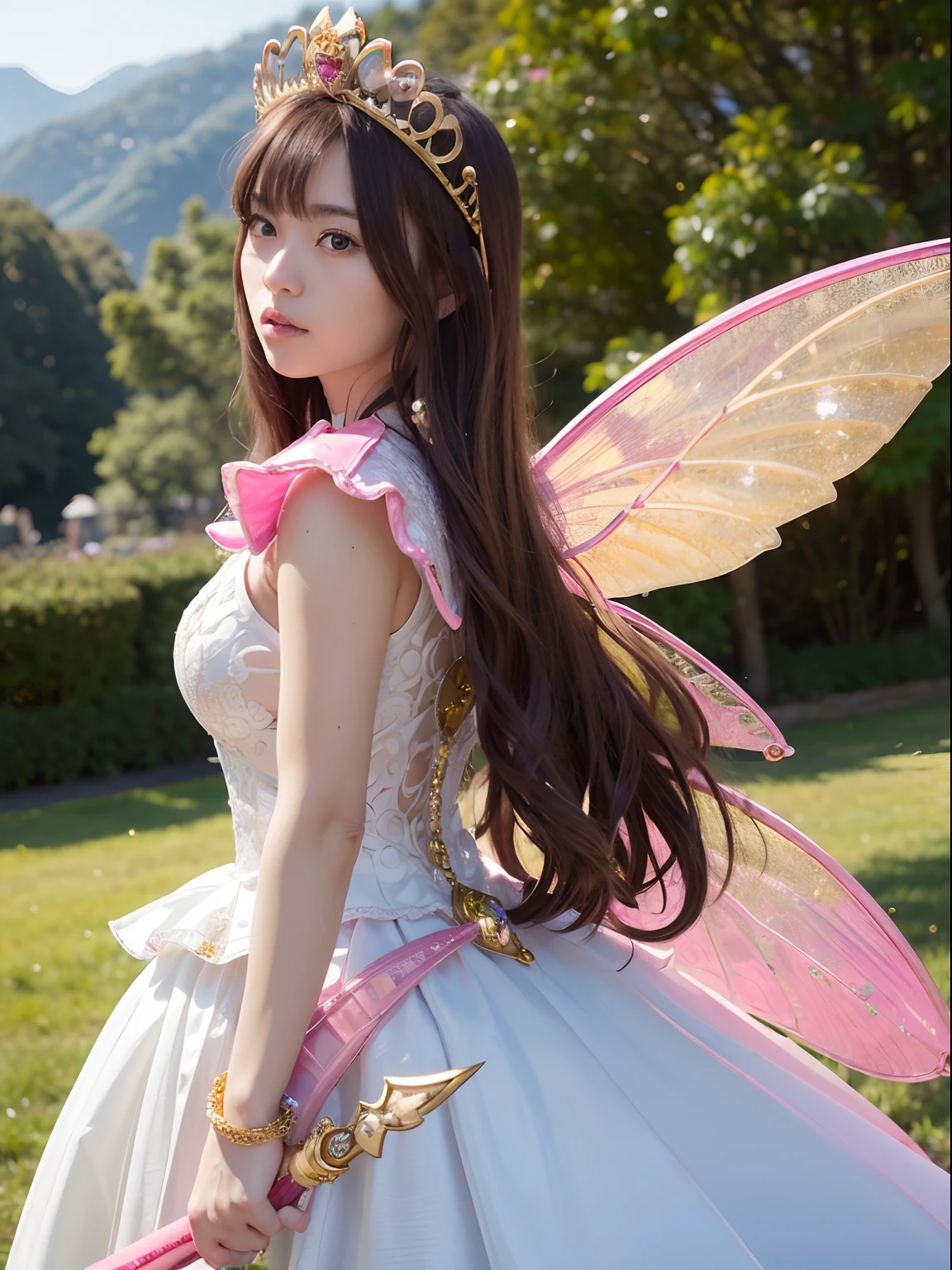(masutepiece), Professional , masterpiece、top-quality、photos realistic , depth of fields (Gemstone Silver Metal Body:1.9),(Matte Pink、Jewel Gold Weapon、(Gorgeous castle background)、(ultimate beauty girl)、(Iridescent fairy wings grow on the back)、(Jewel Metal Body:1.9),Gorgeous Jewel Metal Weapons , Detailed Sword of the Brave ,( a blond) ,warhammer 40k , adepta sororitas,Detail and ornate jewel crown、独奏、Brown hair、(Gangle's forest background)、Beautiful Caucasian beauty、1a person、dynamic ungle,(((Diamond tiara with detail and luxury)))、a small face、Powerful poses、(Gorgeous castle background)、huge filesize、20 year old beautiful woman、Stand in the center of the screen、Thin female fingers、Straight long hair、Beautiful Caucasian beauty、Valley、Hair fluttering in the wind、