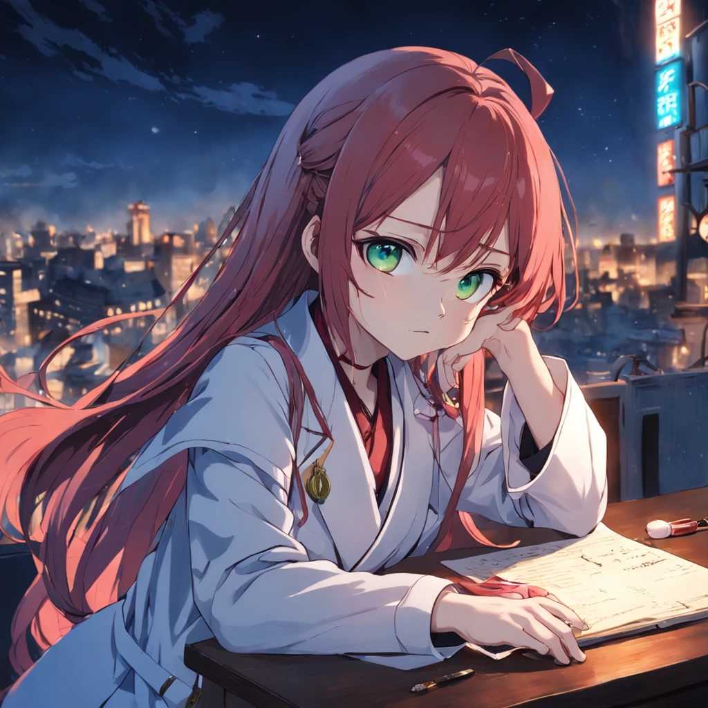 1girll,Solo, Colored Contact Lenses, long eyelasher,the night,janelas,red tinted hair,green scarf,White coat,Blue dress,table light,desks