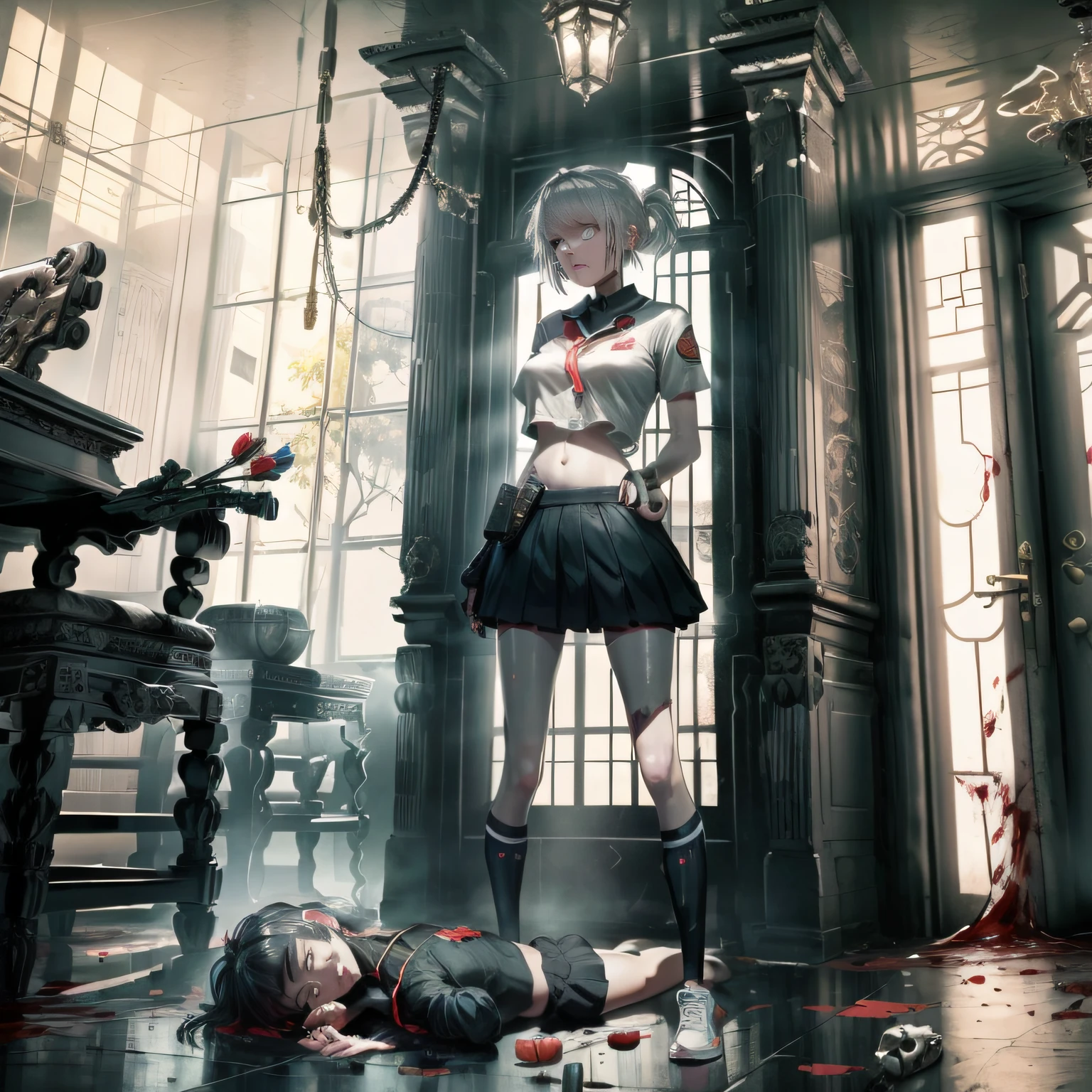 Crime Scene Investigation,Homicide scene,Causes death,Crime Scene Investigation,Female student wearing a blue short-sleeved Chinese school uniform top,Curled up in a corner,Painful expression,Eyes,Fear and fear, Black shorts,Black pupils。 White sneakers,Two bullet holes in the abdomen of the schoolgirl,Blood flows out,Hands tied behind their backs,blood vess,There was a pool of red blood on the ground under his head,terroral,dead body,decedent,