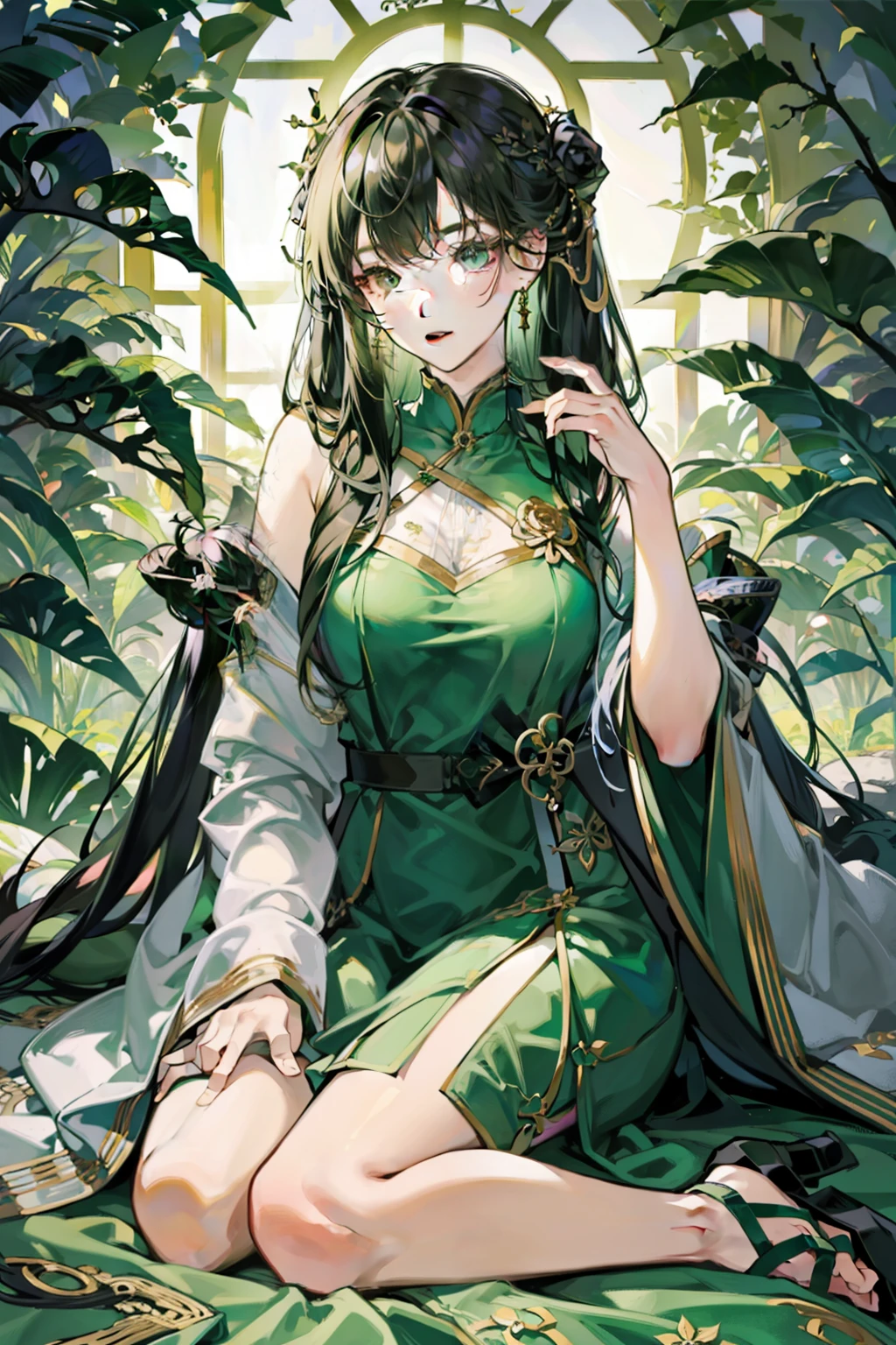 Full-body image。Her name is Belladonna。infp young woman。Tree branches with thorns are worn around the body。Hair is wearing a long green dress。eyes are large and well-groomed。Poisonous。