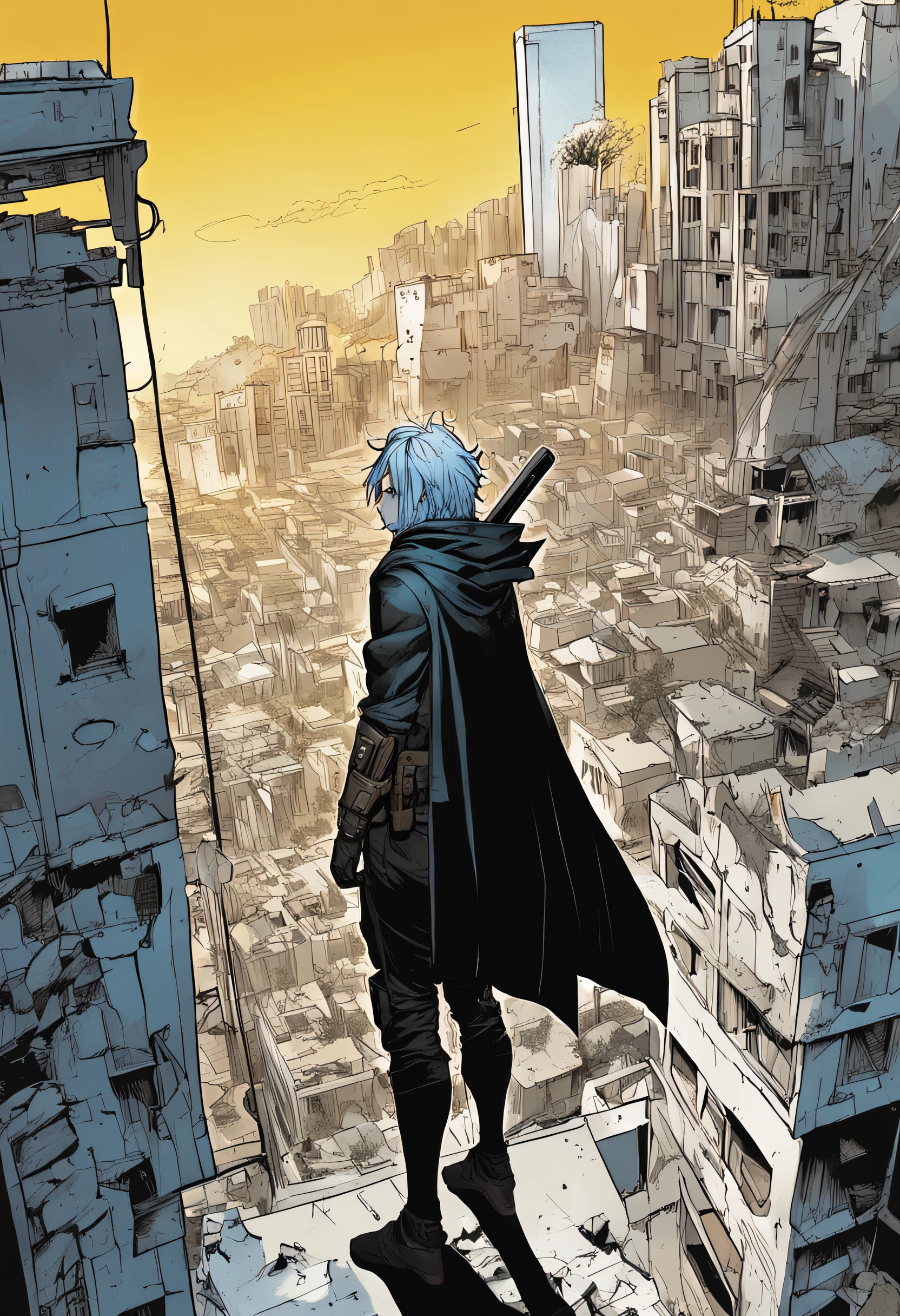 a 15-year-old man with blue hair and black eyes, wears a black superhero outfit similar to a spy uniform with a tattered yellow cape, an aura of shadows appears behind him, his back on top of a building and is watching a city in ruins, anime, novel cover