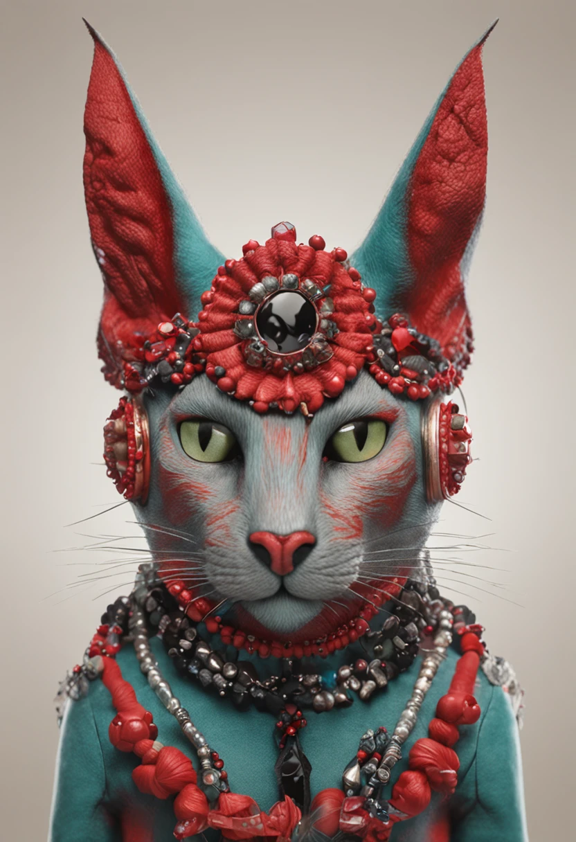 coneja roja con cuernos negros, under a spectacular of an anthropomorphic cat modeling jewelry