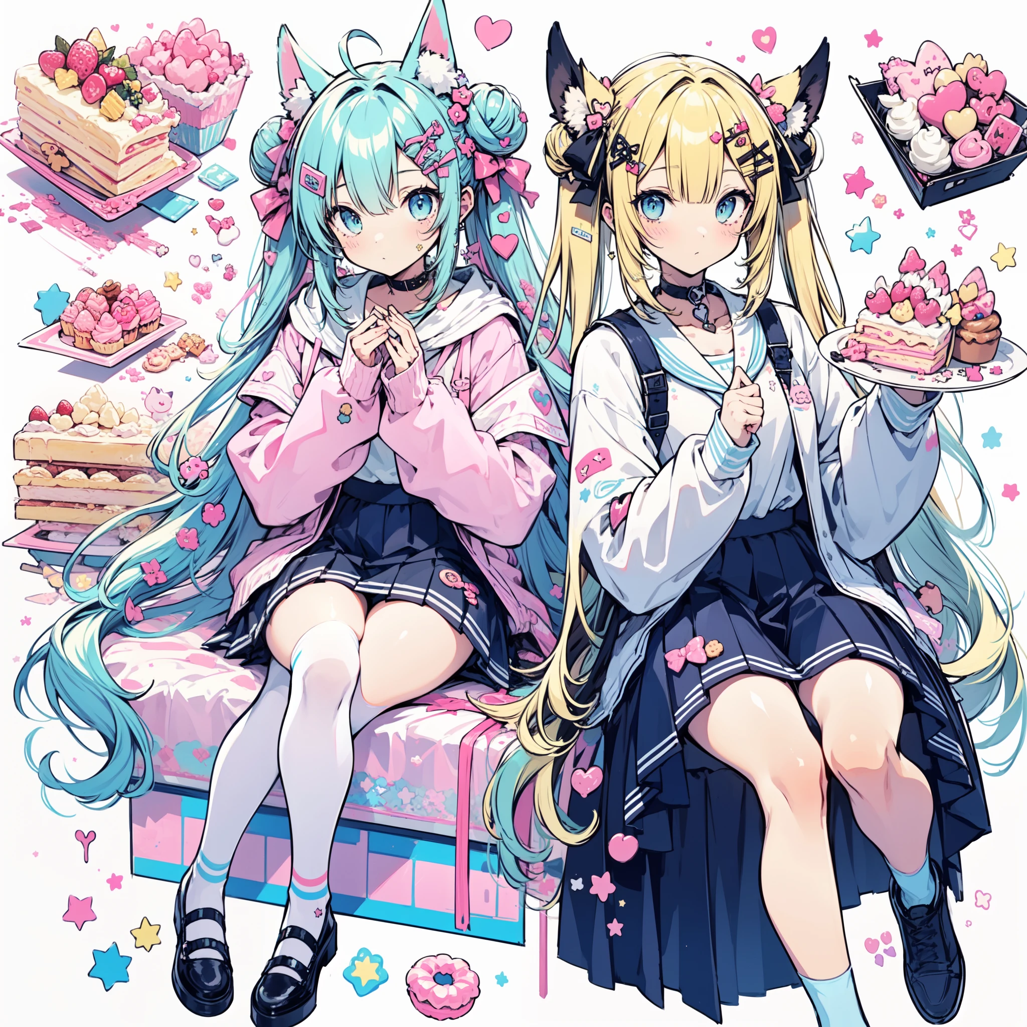 1girl in, Pastel muted colors, (The color palette is yellow:1.2, Blue:1.2, Pink:1.2), (Blue hair bun and blonde), Short Fashion Skirt, Sitting on a throne made of sweets and pastries, For example, donuts, Sprinkle, candy, lollipop, candy cane, a cake, cupcake, Cake Pop, Ruffles and lace, polka dot, Long bat ears