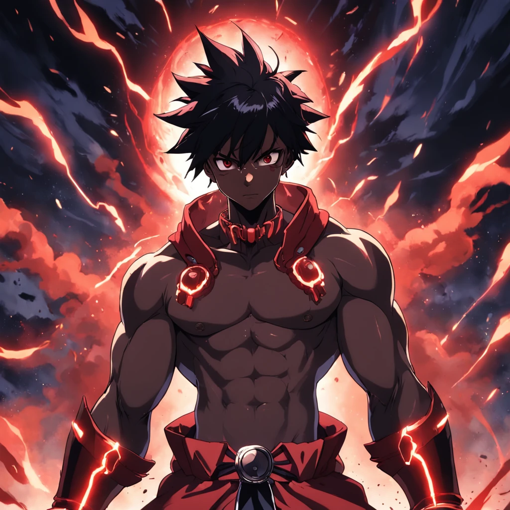 ​masterpiece, top-quality, Film Still, 1male people, dark skin, Black and red theme colors, with light glowing, irate, dark illumination, (Black thunder: 0,7) sukuna, gojo, gloves, ryu gi, halo, martial arts uniform, black and white clothes, gold eyes