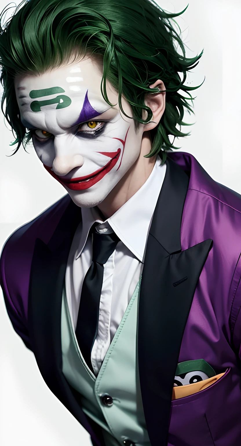 Clown in suit and green headband, joker looks like naruto, Clownness smiling, portrait of joker, as the joker, jocker, jocker, batman as the joker, portrait of joker, portrait of joker, the joker as batman, joker as naruto, Strange clown, The evil villain smiles, Sly smile, jerma985 as the joker