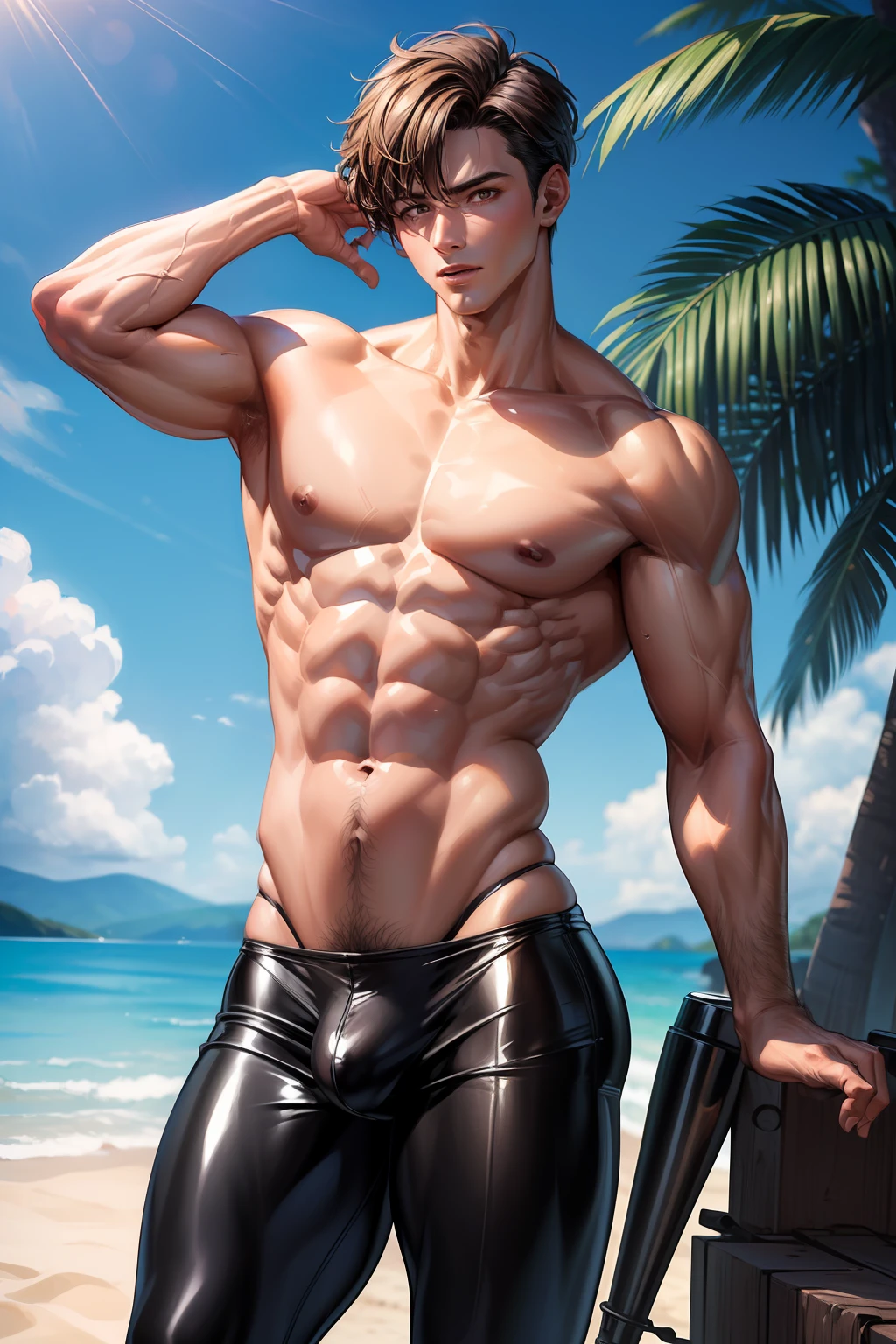 ((Best Quality, 8K, ultra-detailed, Masterpiece: 1.3)), 1boy, shiny skin, sharp, Perfect Body Beauty, realistic shaded perfect body, mascle,("bikini pants, big bulge ":1.2),(dynamic pose:1.1), thigh