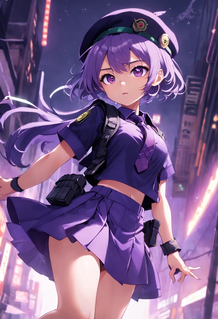 top-quality、extremely delicate and beautiful、(A age girl)、Purple Eye、Green hair、short-haired、(Purple pointy hat)、Purple tie、Soio、shortsleeves、Purple skirt、Navel,Tactical Vest、shortsleeves、Purple skirt、((Holding a submachine gun in both hands))、Midnight background、is standing