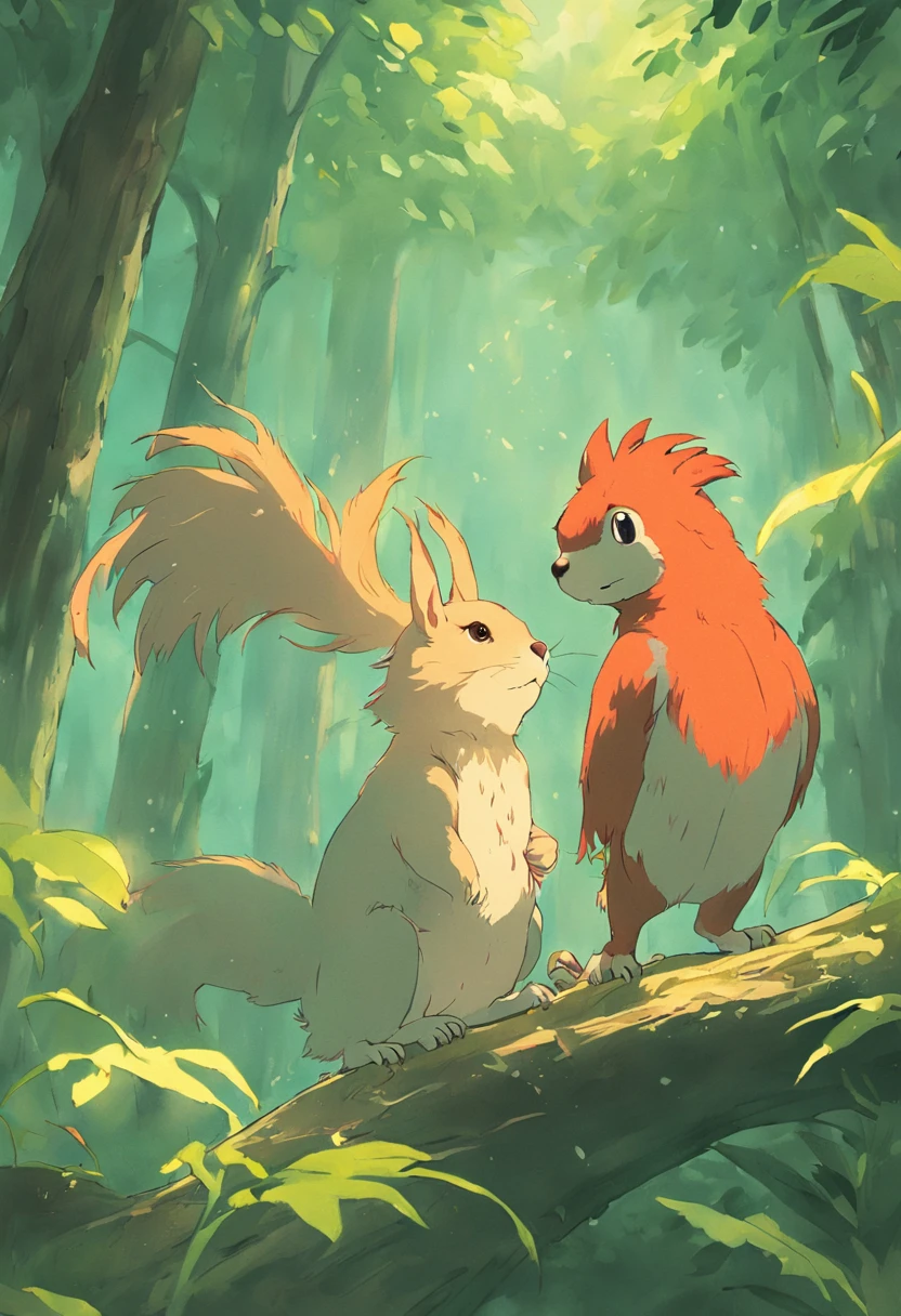 Parrot Squirrel Studio Ghibli painting style
