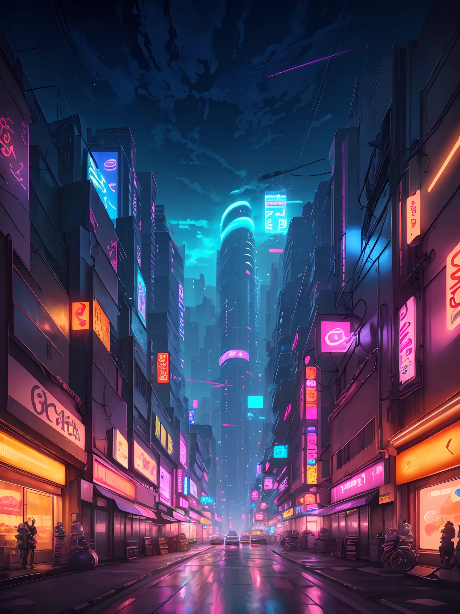 down view,wide wide shot,Night view of city streets with cars and neon signs, anime style cityscape, Stylized urban fantasy artwork, futuristic street, In the distance are modern high-rise buildings,Combination of virtual and real,neon glow concept art, vaporwave city, futuristic urban background,