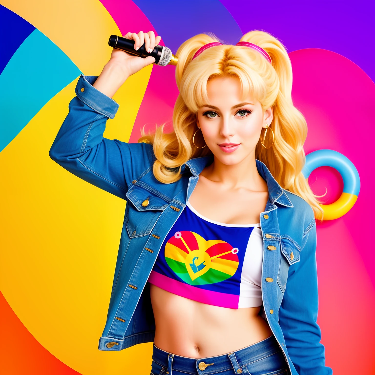 "(Mature and realistic portrayal:1.2) Sailor Moon exuding confidence as she holds a microphone, her blonde hair cascading down, adorned in stylish rainbow denim clothes from the 2000s, with a backdrop filled with donuts."