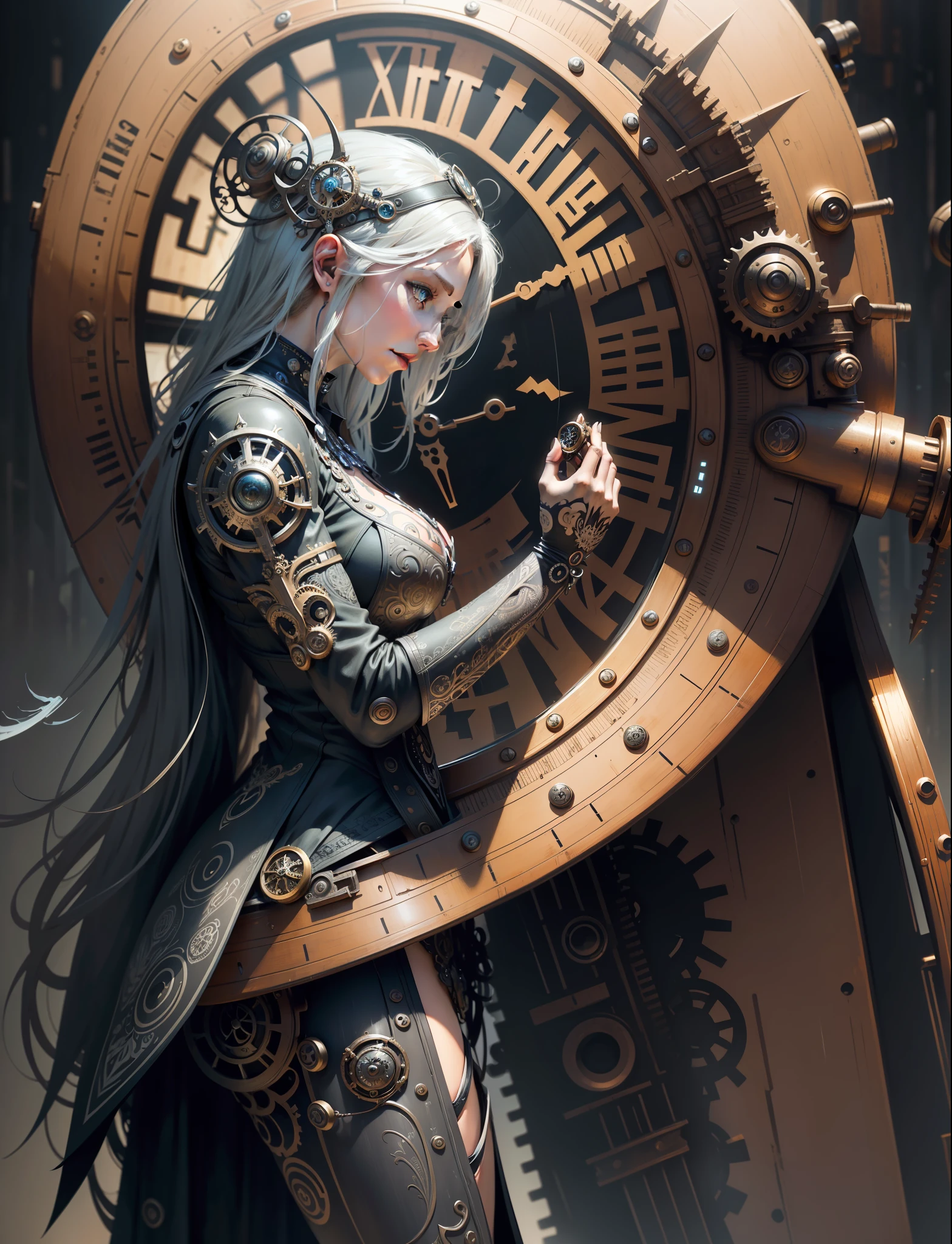 front_view, Aaron Horkey and Jeremy Mann, silver hue Colorful beautiful praying woman, as beautiful as an angel, black ink flow, intricate_detailed, calligraphy, acrylic, fractal art, professional, dificult, maximalist, marton bobzert, fantastic, insane dificult, intricate background, elegant, expansive, mechanically tailored, retro, rusty time, weatheringClock, gears, high_res,cyborg style,,steampunk style,