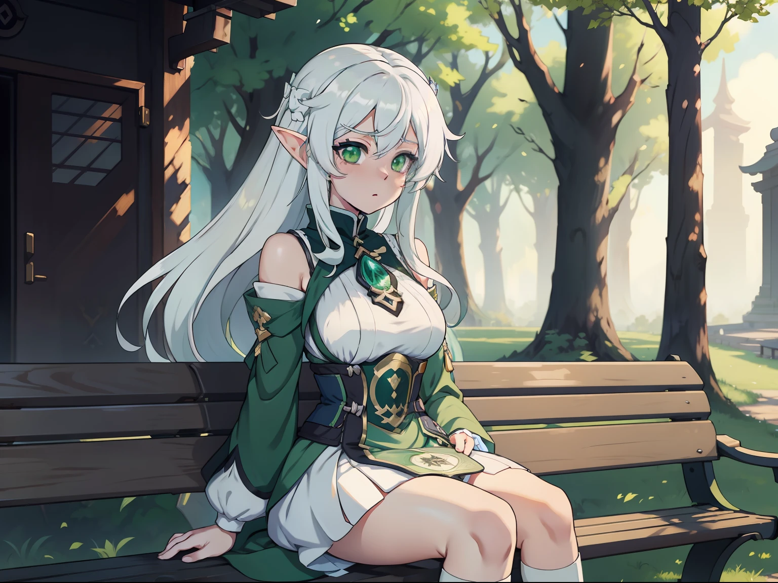 Anime girl with long white hair and green eyes sitting on a bench, Keqing from Genshin Impact, white-haired god, Anime goddess, Genshin, Ayaka Genshin impact, Elf Girl, fus rei, rogue anime girl, detailed anime art, cute anime waifu in a nice dress, anime visual of a cute girl, Popular on ArtStation Pixiv 4k high quality