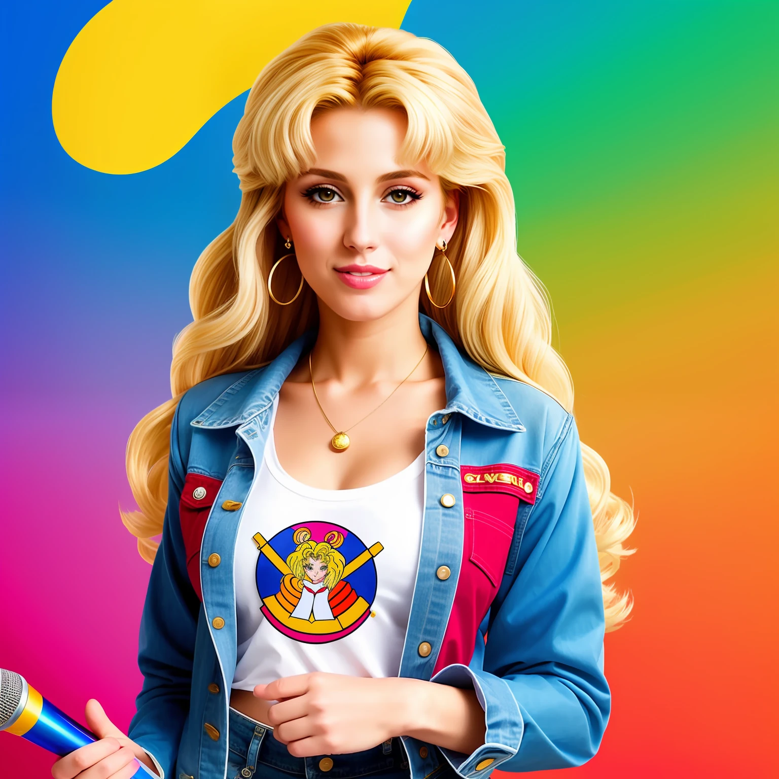 "(Mature and realistic portrayal:1.2) Sailor Moon exuding confidence as she holds a microphone, her blonde hair cascading down, adorned in stylish rainbow denim clothes from the 2000s, with a backdrop filled with donuts."