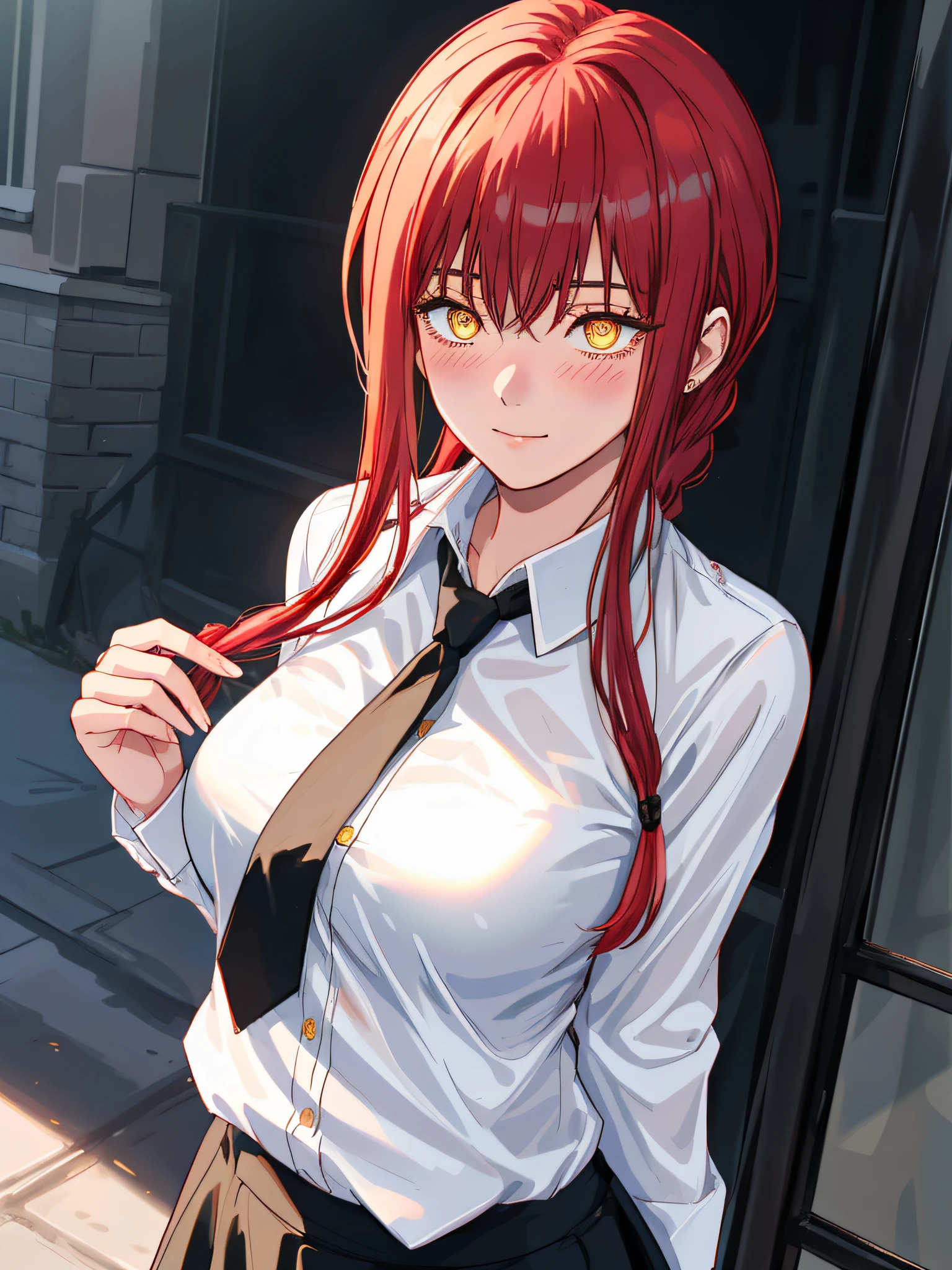 makima\(chainsaw man\), smile, long sleeves, red hair, necktie, large breasts, solo, looking at viewer, thick thighs, hand on hip, pants, black pants, yellow eyes, 1girl, white shirt, braided ponytail, ringed eyes, high-waist pants, shirt, braid, shirt tucked in, simple background, white background, black necktie, collared shirt