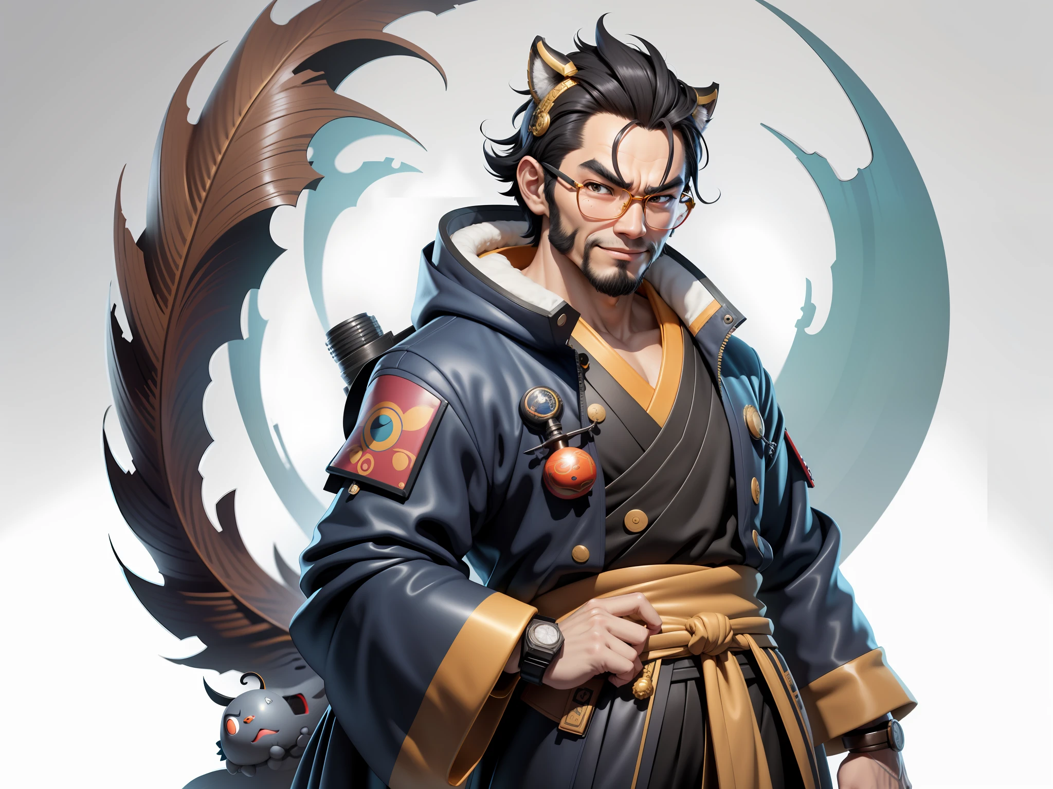 (Daisaku),(Need),(Super meticulous),(full bodyesbian:1.2),Super young man with Japanese geisha，Beautiful，orient，one tiger，Aeolian Thor，Raised sexy，爆乳，Oriental face，TV Anchor，Bust portrait illustration，In black suit，a blue tie，The face is slightly chubby，The face was clean，without a beard，Black super short hair，Black eyes，Smile confidently，3C computer sub-products，iPad， iphone，Digital painting，3D character design by Mark Clairen and Pixar and Hayao Miyazaki and Akira Toriyama，The illustration is a high-definition illustration in 4K resolution，With very detailed facial features and cartoon-style visuals。