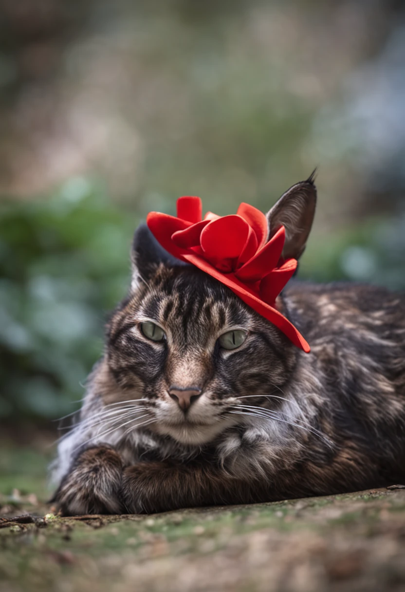 "coneja roja con cuernos negros", bajo un espectacular donde una "Anthropomorphic cat modeling jewelry"