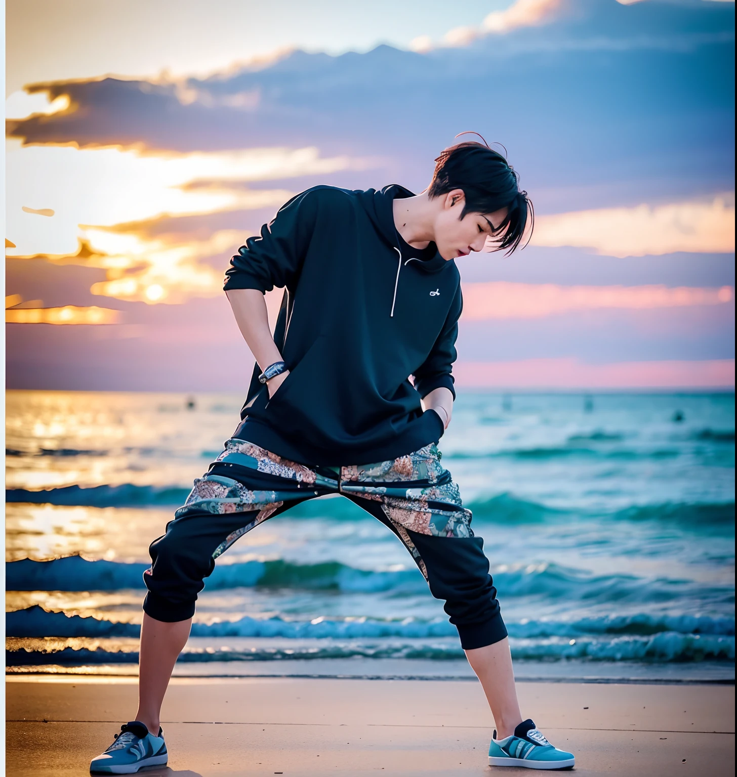There was a man standing on a skateboard on the beach, he is dancing, look like someone is dancing, distorted pose, Perfect dynamic pose, jimin, dynamic moving pose, serpentine pose gesture, frantic dancing pose, dancing in the background, jia, dabbing, full body dynamic pose, park jimin, Dynamic pose, Cai Xukun