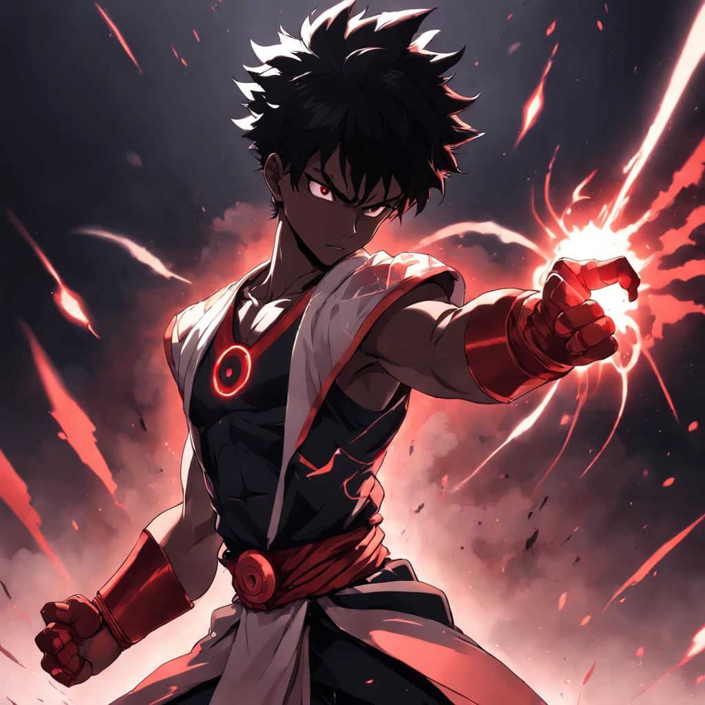 masterpiece, top-quality, Film Still, 1male people, dark skin, Black and red theme colors, with light glowing, irate, dark illumination, (Black thunder: 0,7) sukuna, gojo, gloves, ryu gi, halo, martial arts uniform, black and white clothes, gold eyes