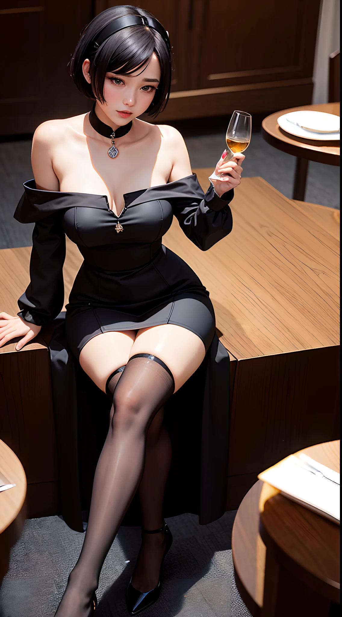Attend banquets for nobles，One with short black hair，Wearing a black dress，Black stockings on her legs，black heels，disdain，Holding a goblet in his hand，It's full of people。