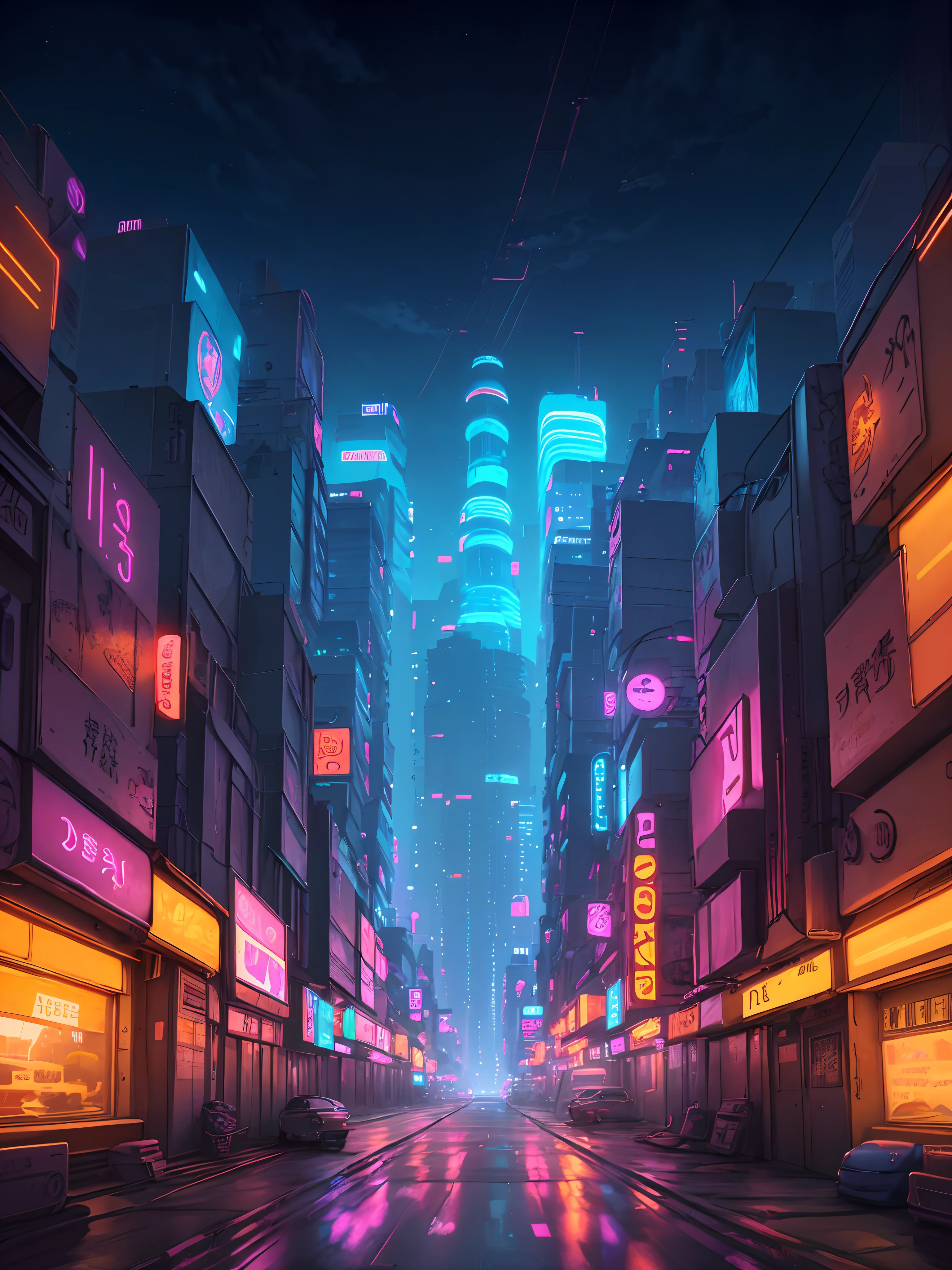down view,wide wide shot,Night view of city streets with cars and neon signs, anime style cityscape, Stylized urban fantasy artwork, futuristic street, In the distance are modern high-rise buildings,Combination of virtual and real,neon glow concept art, vaporwave city, futuristic urban background,