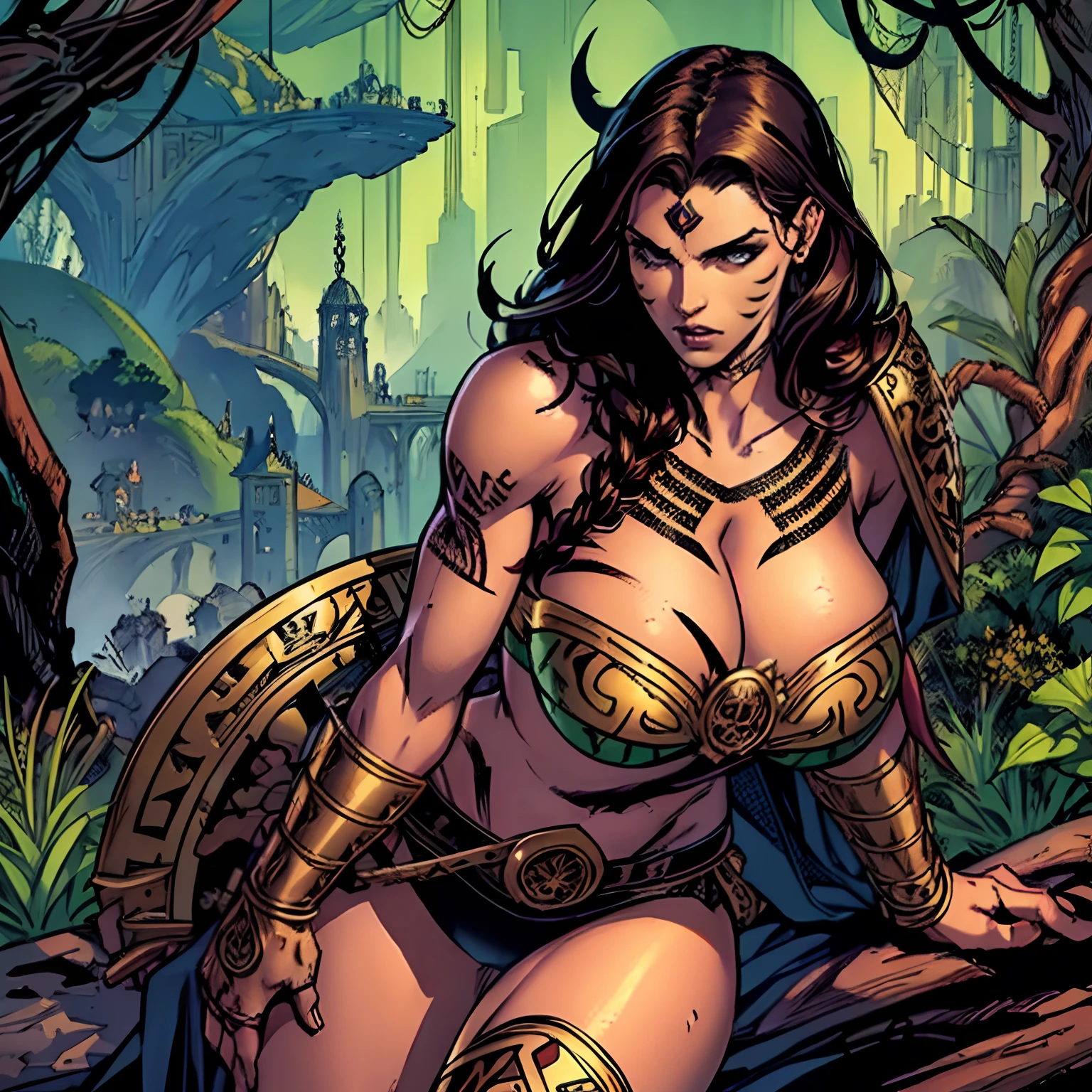 (masterpiece, top quality, best quality, official art, beautiful and aesthetic:1.2), (1girl:1.3), dark brown hair pulled back, in an untidy mane, braids, extremely detailed, portrait, looking at viewer, solo, (full body:0.6), detailed background, close up, sweaty, sweating, ((facepaint, tribal tattoos)), (warm summer desert theme:1.1), busty human Aztec war queen, elegant face, long face, charlatan, smirk, mysterious, walking in jungle, revealing Aztec attire, ornate jade Aztec armor, feathers in hair, feathered armor, bare midriff, brown leather, fur lined clothes, long boots, buckles, straps, pouches, maquahuitl and shield, tan fabric, brown leather, gigantic breasts, skindentation, cleavage, muscular, strong, slim waist, slim hips, long legs, muscular legs, medieval (jungle exterior:1.1) background, dark mysterious lighting, shadows, magical atmosphere, dutch angle,