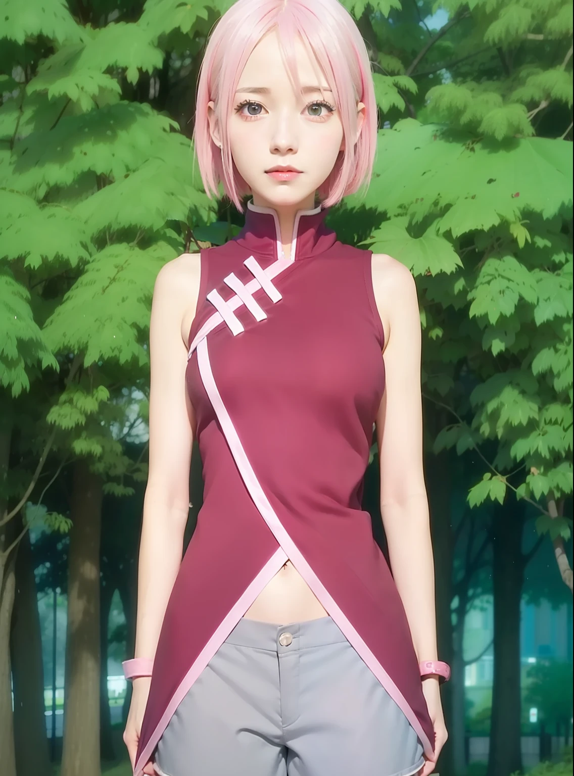 a close up of a person with short hair and a hoodie, sakura haruno, sakura haruno from naruto, from naruto, as an anime character, perfect anime face, she has pink hair with bangs, female anime character, anime character, anime best girl, hime cut hairstyle, pink hair, smile, light green eyes, big breasts, realistic, ultra detail, indoor background