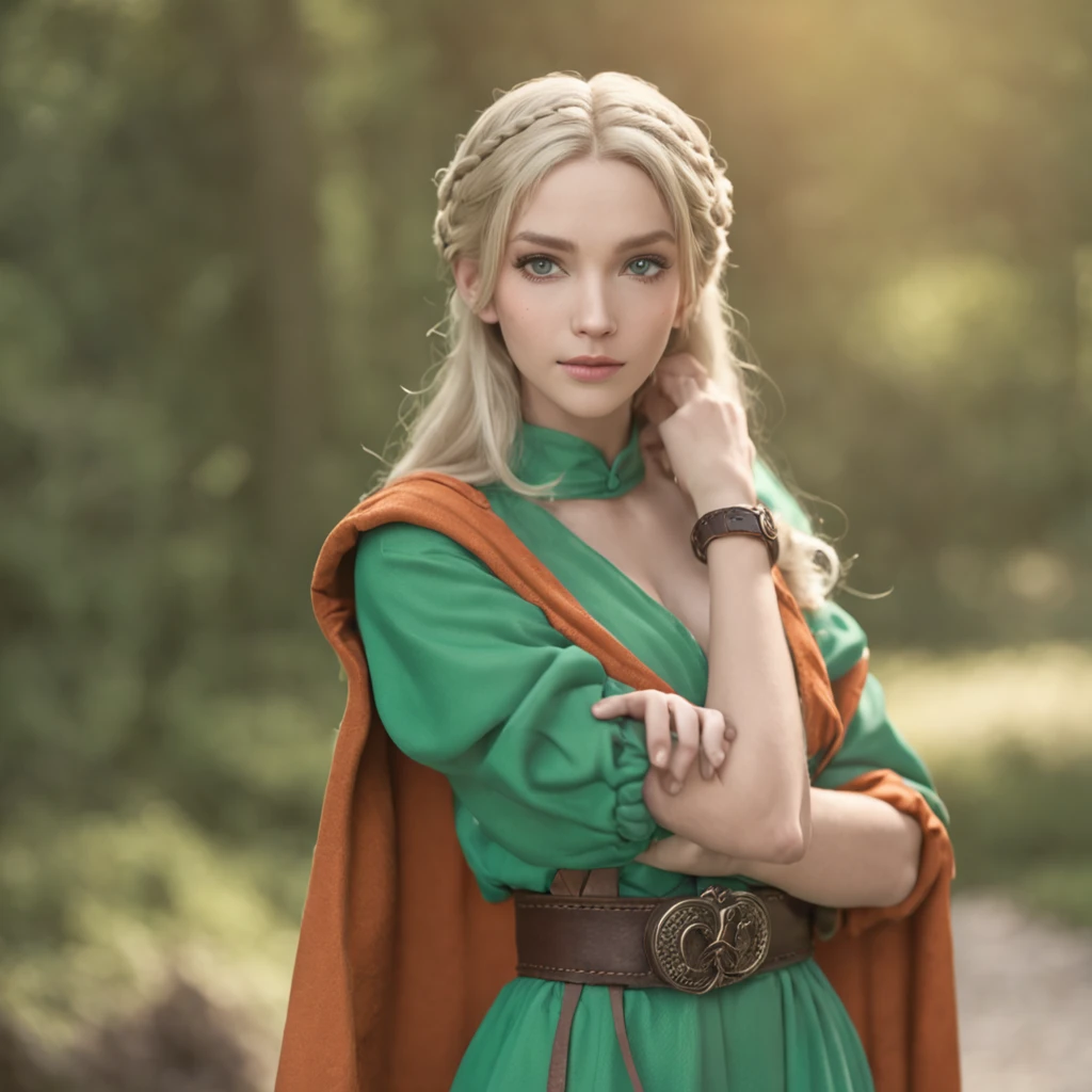 One Caucasian Beauty, blonde hair in braids,Bianca,Dragon Quest V, ssmile, big pale blue eyes, Woman in green dress and orange cloak poses, Black leather belt with silver buckle, Ultra realistic anime 3D style