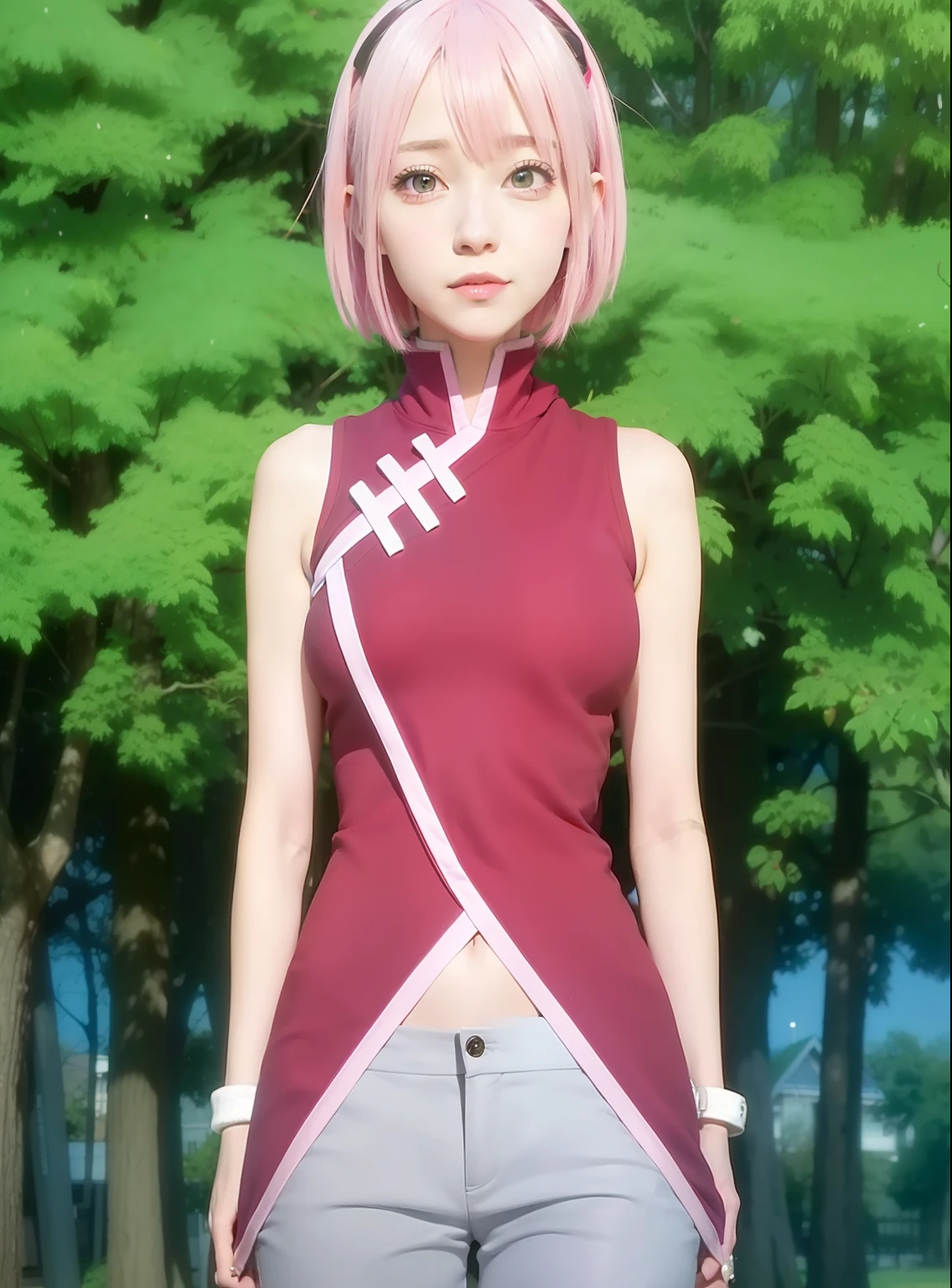 a close up of a person with short hair and a hoodie, sakura haruno, sakura haruno from naruto, from naruto, as an anime character, perfect anime face, she has pink hair with bangs, female anime character, anime character, anime best girl, hime cut hairstyle, pink hair, smile, light green eyes, big breasts, realistic, ultra detail, indoor background