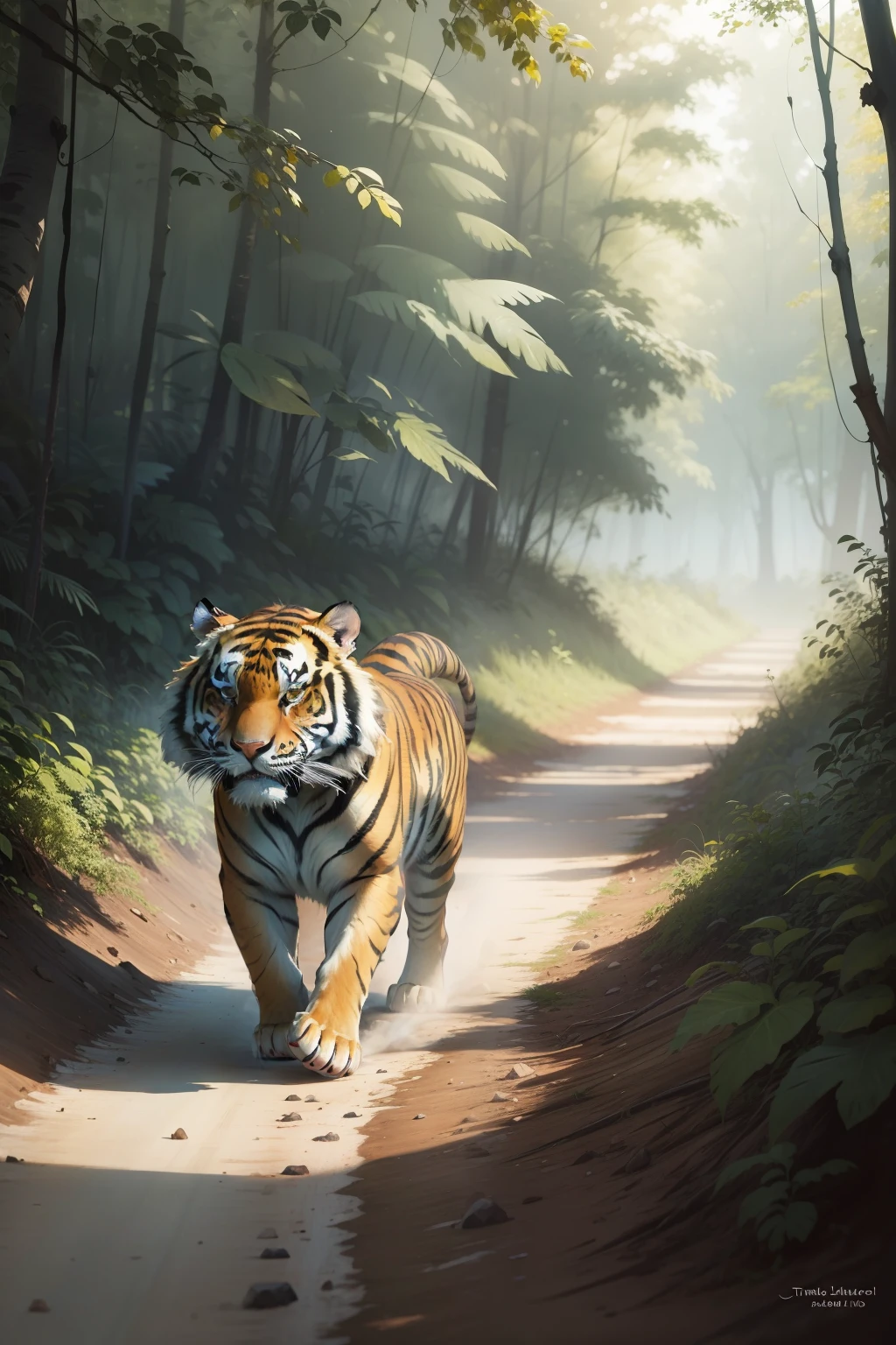 a tiger　terrifying　barking　tusk　jungles　run　watercolor paiting