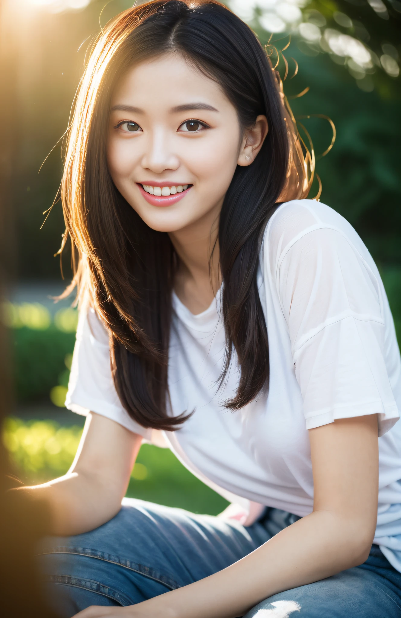 ((Best quality, 8K, Masterpiece: 1.3)), a beauti, In addition, Melon face, Friendly and lovely, Sweet smile, long whitr hair，Photorealistic, Solo, Beautiful Chinese woman, Oversized casual T-shirt, Denim skirt, Natural look, White skin, Sweet smile, Rough hairstyle undecided., (Sensual expression), Bright café, (((tempting pose)), ((uncontrollable))), Profesional photogarpher, Shallow depth of field, lens flare glow