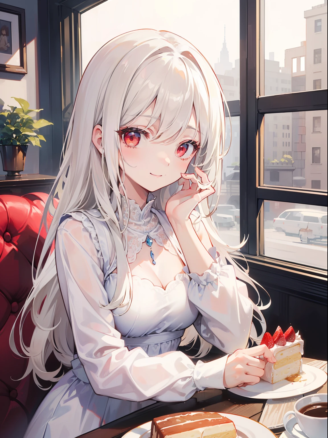 (bestquality, masterpiece), (An elegant girl , 1girl , solo, "Cream Dress ", sit , looking at the audience, "White Hair", Long-haired, red eyes, closed mouth , Smile, Upper body), (background, coffee shop, cake)