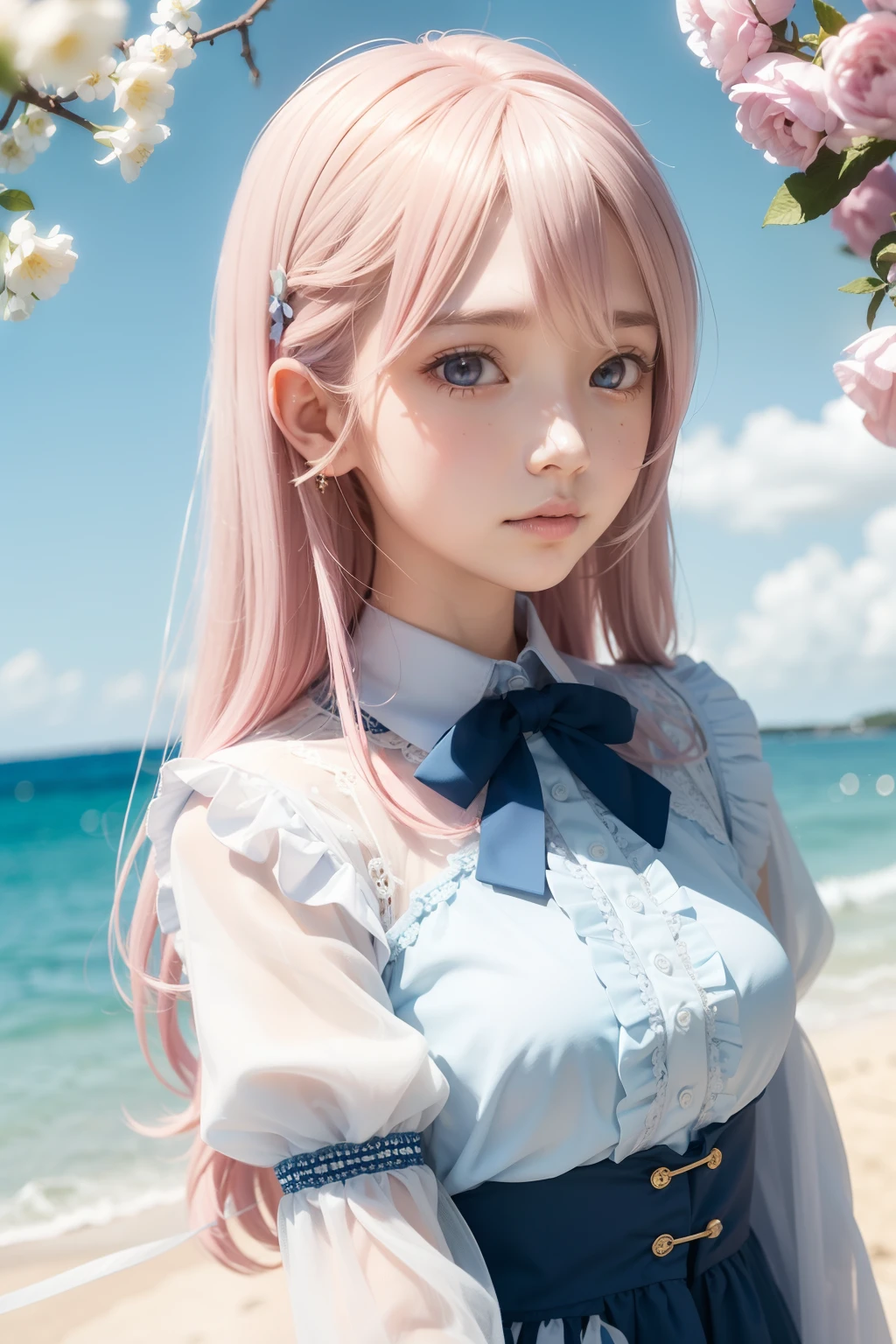 1girl, long hair, light pink hair, see-through frilly lace knit blouse coordinate, blue world, blue sky, blue flower, another blue,[(WHITE BACKGROUND:1.5),::5] HEXAGON