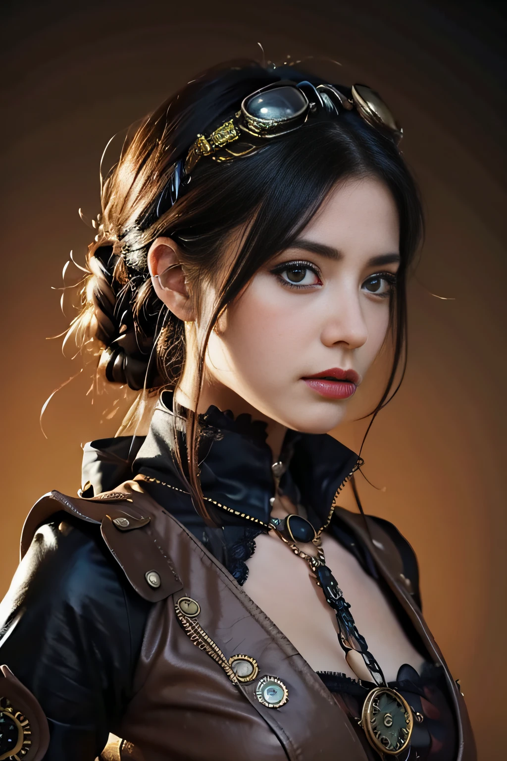 realistic illustration of a steampunk lady in a steampunk dress, extremely detailed eyes and face, asymmetrical, vibrant colors, detailed clothing, vector style