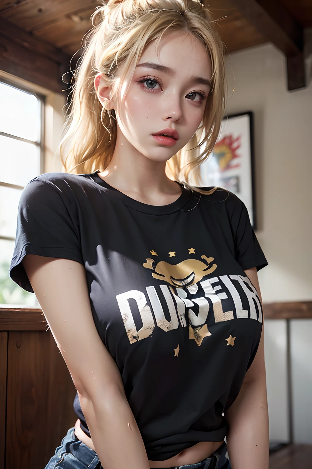 (1girl),large breasts,  breasts, tan, dewy skin, sweaty skin, wavy blonde hair, punk tshirt, punk girl