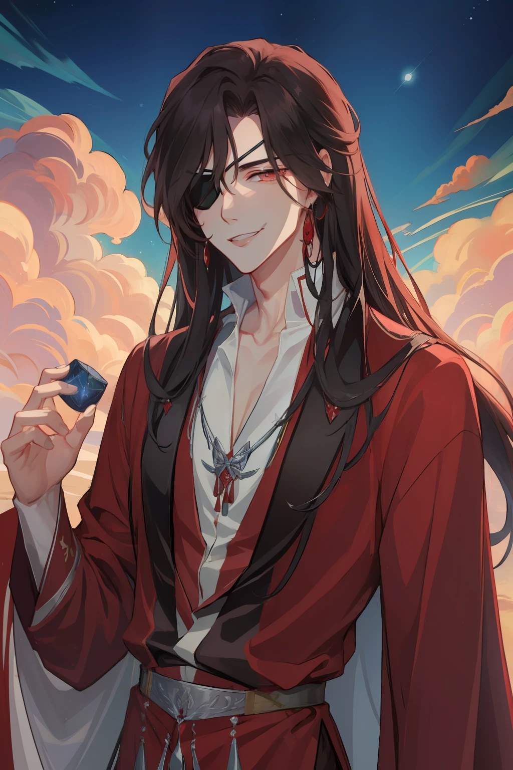 (Masterpiece:1.4), (best quality:1.2), hua cheng, 1boy, male focus, eyepatch, chinese clothes, jewelry, long hair, red eyes, starry sky, looking at viewer, outdoors, smile, upper body