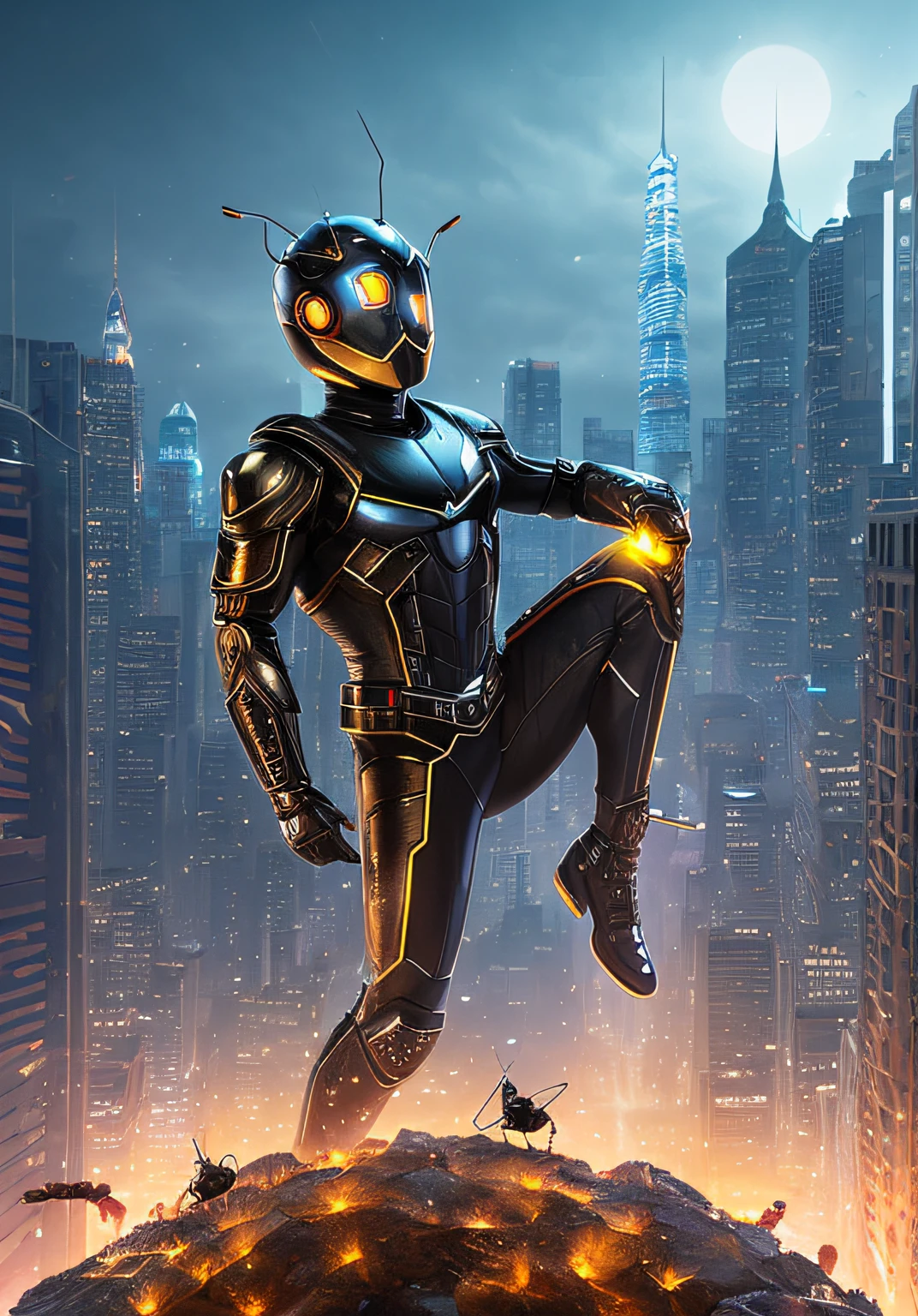 Ant Hero, cinematic, hyperrealistic, photo, skin detailed, hdr, cinematography, ice city background, BITCOIN