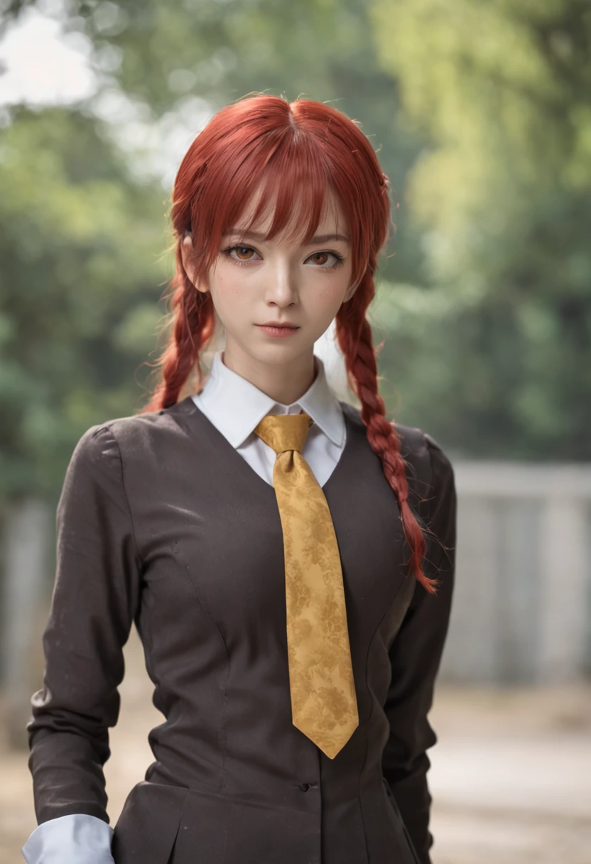 prompt: 1girl, bangs, black_necktie, braid, long_sleeves, makima_\(chainsaw_man\), medium_breasts, ringed_eyes, sheet_grab, white_shirt, yellow_eyes,red hair