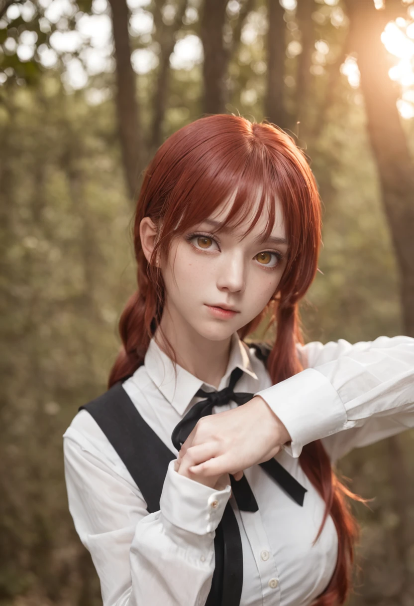 prompt: 1girl, bangs, black_necktie, braid, long_sleeves, makima_\(chainsaw_man\), medium_breasts, ringed_eyes, sheet_grab, white_shirt, yellow_eyes,red hair