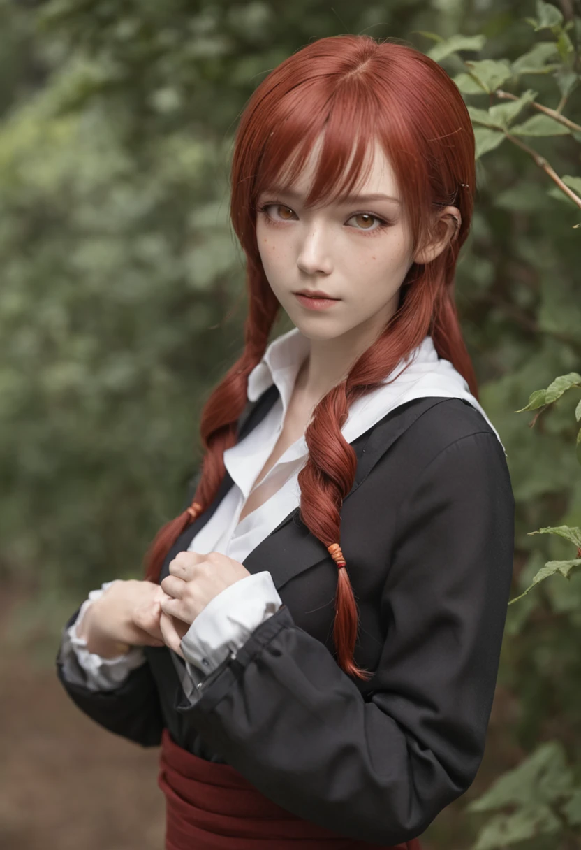 prompt: 1girl, bangs, black_necktie, braid, long_sleeves, makima_\(chainsaw_man\), medium_breasts, ringed_eyes, sheet_grab, white_shirt, yellow_eyes,red hair
