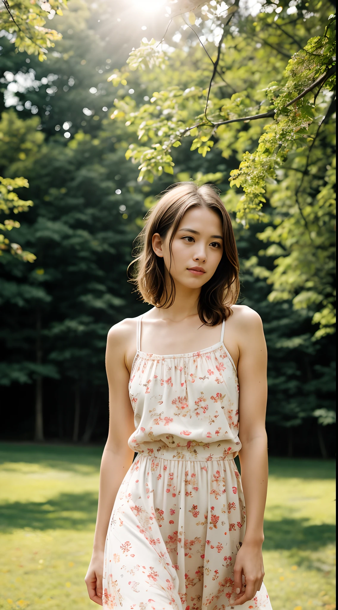masutepiece, Beautiful Swedish woman, (Helena Mattson:Alicia Vikander:0.1), (Very short light sundress), (Small breasts), (athletic bodies), (Brown hair), (semilong hairstyle), Outside, (Skin Texture:1.1), Best Quality, 超A high resolution, Raw photo, Nikon D850, Backlight, Rim Lights, Bright sunlight, Film grain:1.2, (warm hue, warm tone:1.2), (Color Photo)、Evening park
