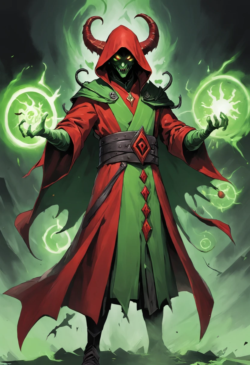style of Rush Royale. Cultist with your red robe if there are 1 - 3 neighboring Cultists, receives the ability to attack additional targets.The number of additional targets is equal to the number of neighboring cultists. if there are 4 neighboring Cultists, gets double damage and area damage with green color. Cultists receive green souls when merging or making a sacrifice. Each soul increases Cultist damage by 1%. When the number of souls reaches 20, a Cultist in demon form transforms into a Harbinger with his red robe, and devil's horn, which increases their attack speed by 15%. When a Sacrifice is activated, every destroyed Cultist cleanses 3 random Cultists from a negative effect and increases their damage by 10% for 10s. A Cultist in Harbinger form with his red robe, and devil's horn increases its damage by 5% for every Cultist on the field, including Harbingers. When attacking green fire balls, Harbinger creates a fiery green chasm for 2s. The green chasm deals 100% of the Cultist's damage every 0.4s and reduces monster armor by 25%. There can only be one green chasm on the field at a time.