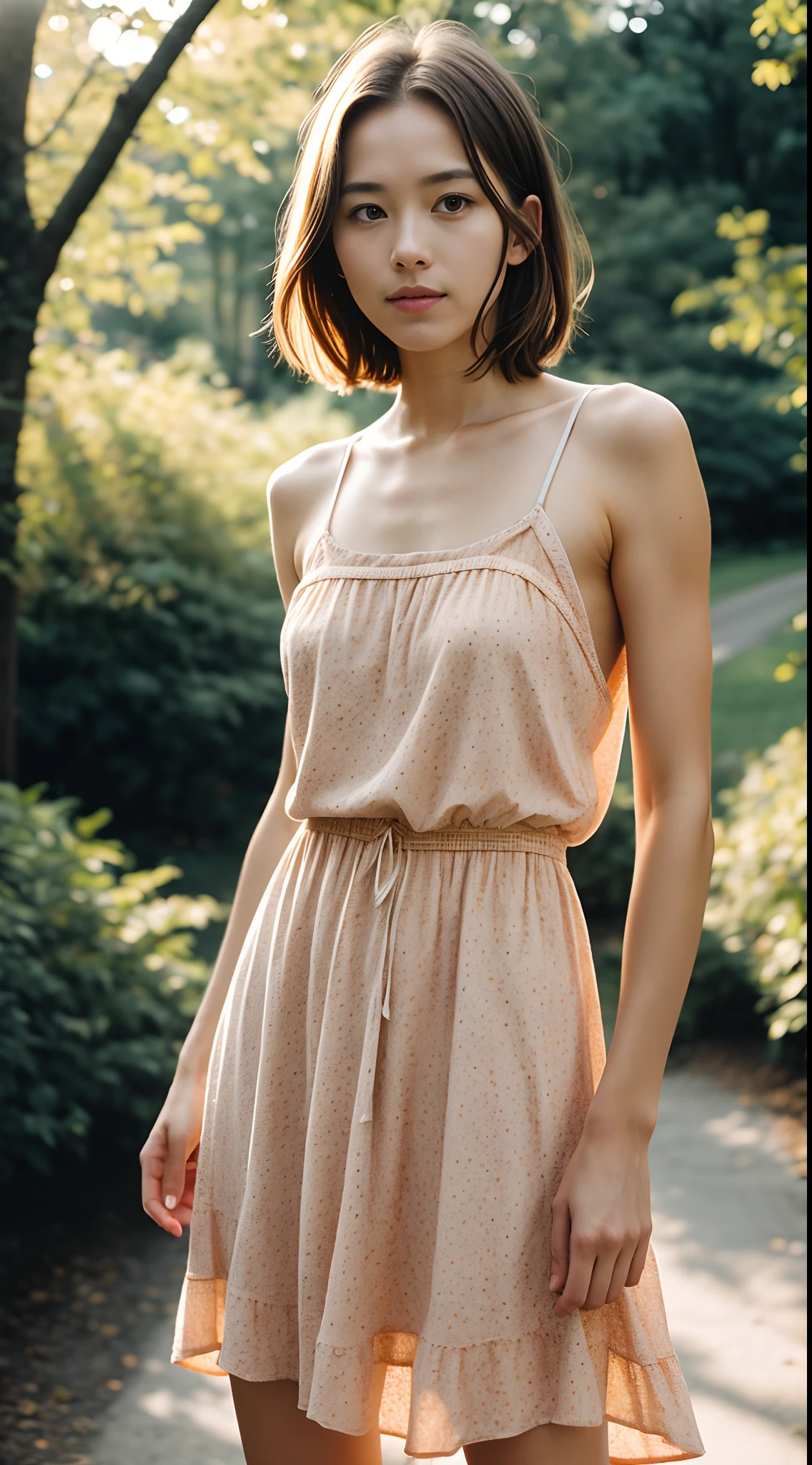 masutepiece, Beautiful Swedish woman, (Helena Mattson:Alicia Vikander:0.1), (Very short light sundress), (Small breasts), (athletic bodies), (Brown hair), (semilong hairstyle), Outside, (Skin Texture:1.1), Best Quality, 超A high resolution, Raw photo, Nikon D850, Backlight, Rim Lights, Bright sunlight, Film grain:1.2, (warm hue, warm tone:1.2), (Color Photo)、Evening park
