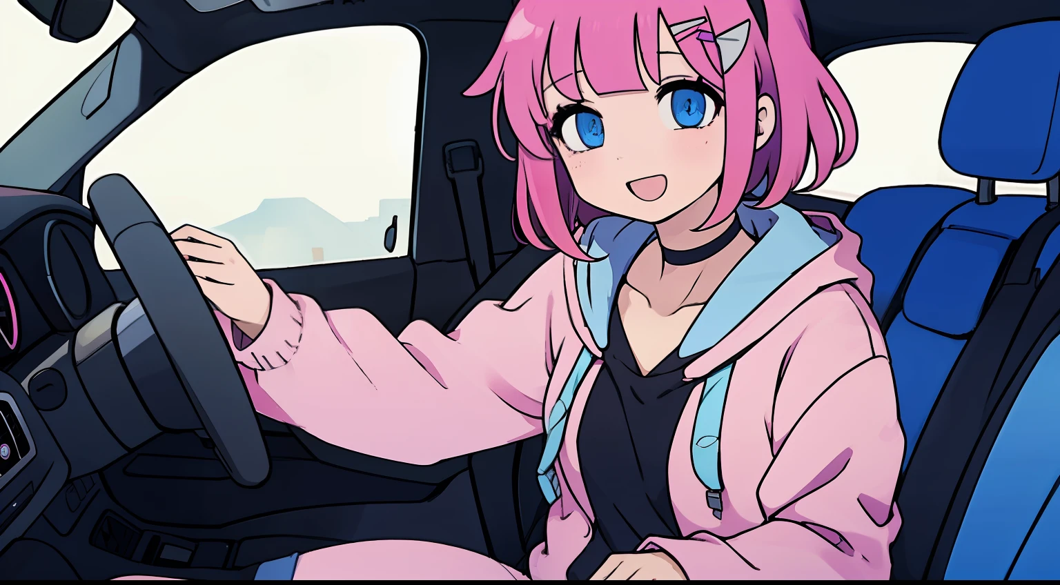 inside a car, happy anime girl with short pink hair bangs pink hoodie blue eyes blue skirt black legwear chocker hairclip driving car
