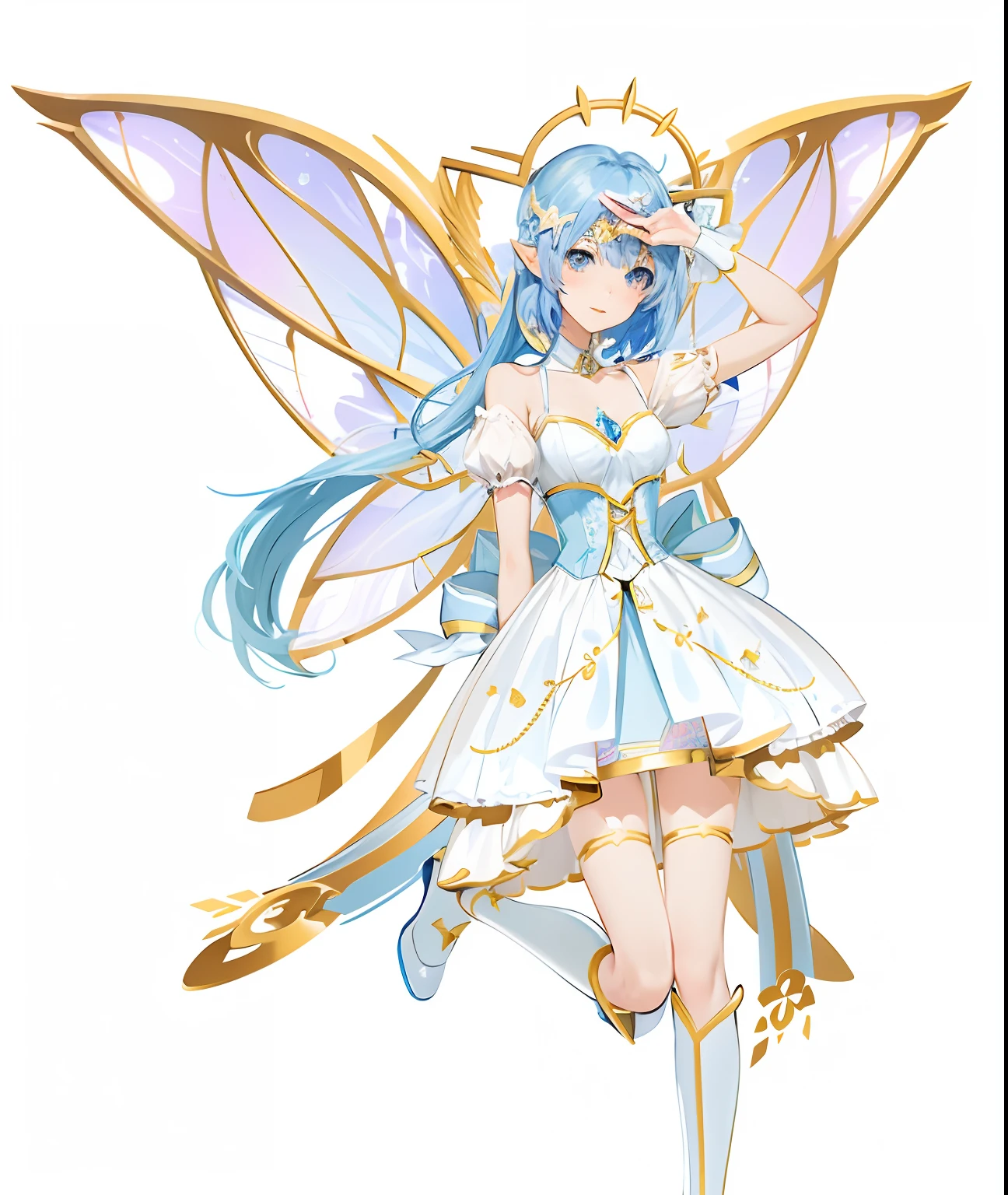 Anime fairy with blue hair and white dress holding a magic wand, smiling as a queen of fairies, astral fairy, official character art, pixie character, ethereal wings, official character illustration, render of april, Beautiful fairy, high detailed official artwork, offcial art, beautiful adult fairy, pretty anime character design, with beautiful wings, Fairy, full - body majestic angel