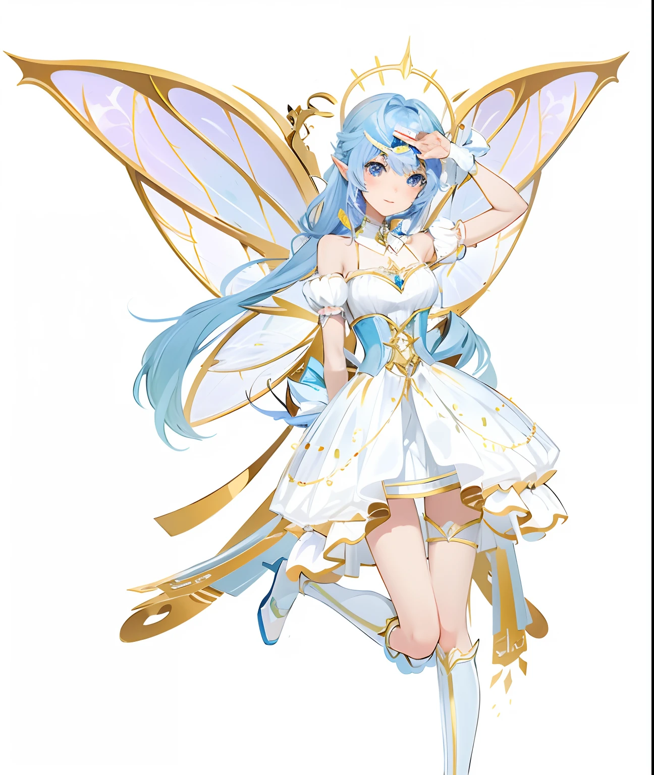 Anime fairy with blue hair and white dress holding a magic wand, smiling as a queen of fairies, astral fairy, official character art, pixie character, ethereal wings, official character illustration, render of april, Beautiful fairy, high detailed official artwork, offcial art, beautiful adult fairy, pretty anime character design, with beautiful wings, Fairy, full - body majestic angel