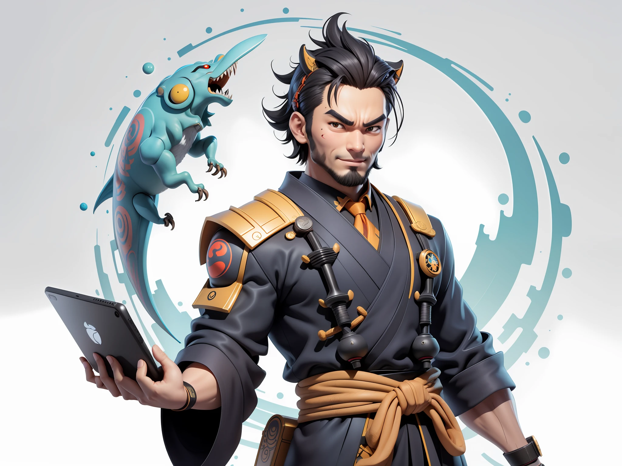 (Daisaku),(Need),(Super meticulous),(full bodyesbian:1.2),Super young man with Japanese geisha,Beautiful,orient,one tiger,Aeolian Thor,Raised sexy,爆乳,Oriental face,TV Anchor,Bust portrait illustration,In black suit,a blue tie,The face is slightly chubby,The face was clean,without a beard,Black super short hair,Black eyes,Smile confidently,3C computer sub-products,iPad, iphone,Digital painting,3D character design by Mark Clairen and Pixar and Hayao Miyazaki and Akira Toriyama,The illustration is a high-definition illustration in 4K resolution,With very detailed facial features and cartoon-style visuals。