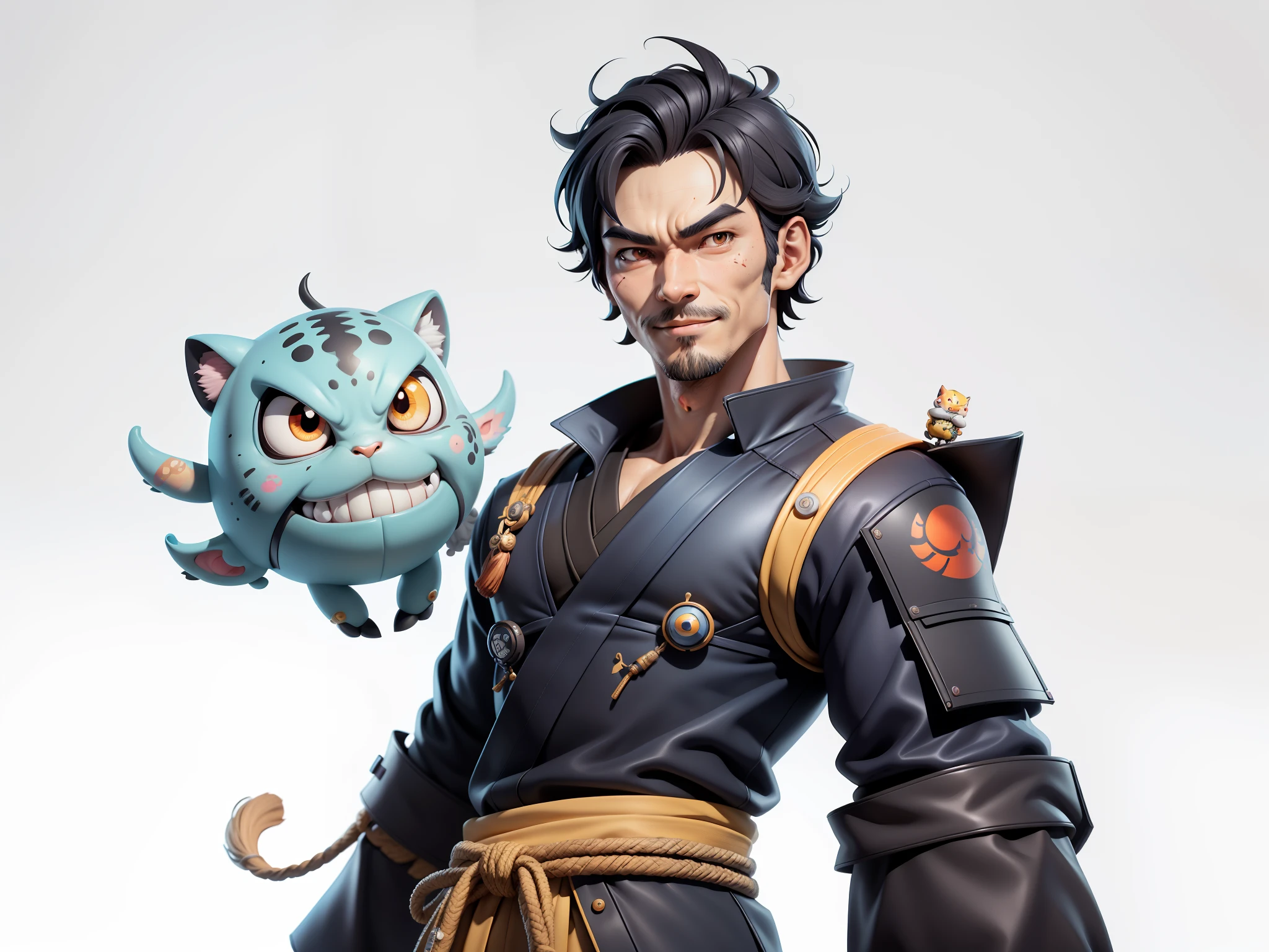 (Daisaku),(Need),(Super meticulous),(full bodyesbian:1.2),Super young man with Japanese geisha,Beautiful,orient,one tiger,Aeolian Thor,Raised sexy,爆乳,Oriental face,TV Anchor,Bust portrait illustration,In black suit,a blue tie,The face is slightly chubby,The face was clean,without a beard,Black super short hair,Black eyes,Smile confidently,3C computer sub-products,iPad, iphone,Digital painting,3D character design by Mark Clairen and Pixar and Hayao Miyazaki and Akira Toriyama,The illustration is a high-definition illustration in 4K resolution,With very detailed facial features and cartoon-style visuals。