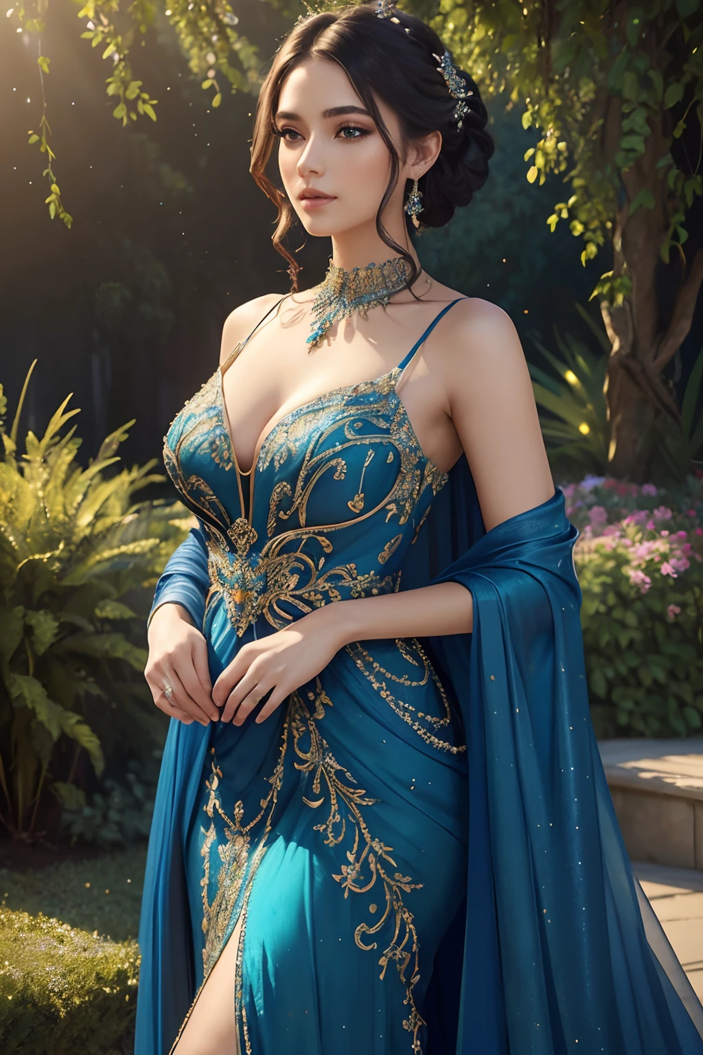 ((masterpiece)),((best quality)),((high details)),((realistic)), waist length photo of a beautiful girl wearing blue Glamorous Evening Gown, (elaborate embellishments, intricate beading, sequins and embroidery dress), Elegant updo with soft tendrils hair, A sunlit garden with natural elements background, 8k