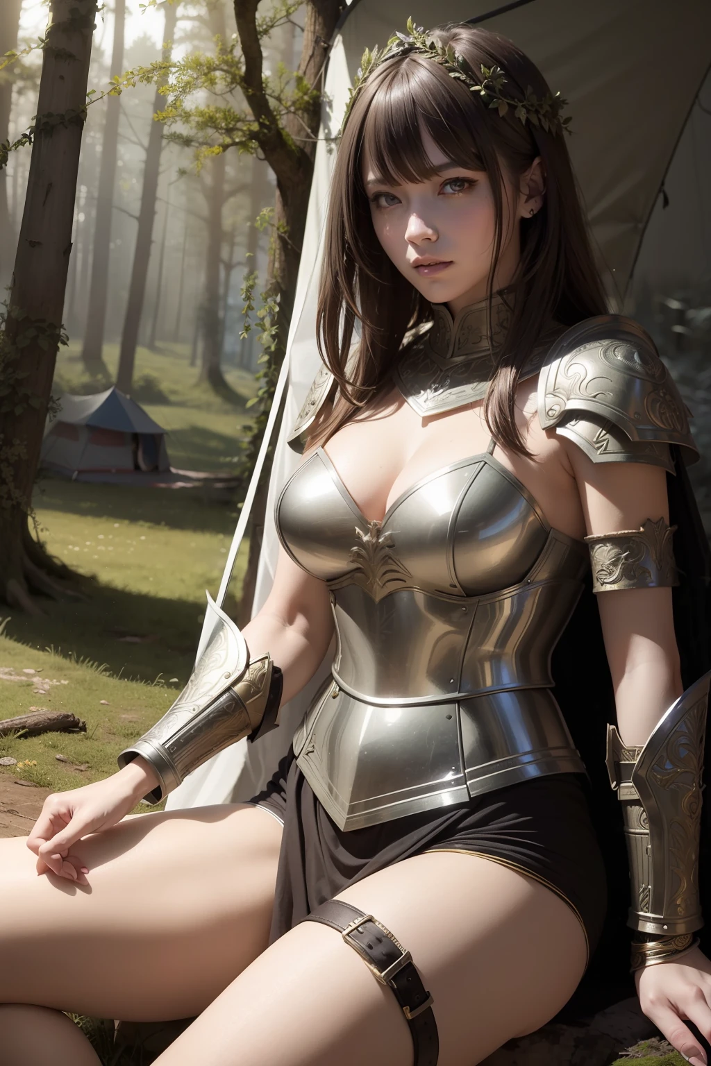 1woman,armor,(best quality:1.0), (masterpiece:1.0),(illustration:1.0),(ultra-detailed:1.2),beautiful detailed eyes,(Extremely detailed background:1.1),(forest:1.2),(fort:1.0), tent,